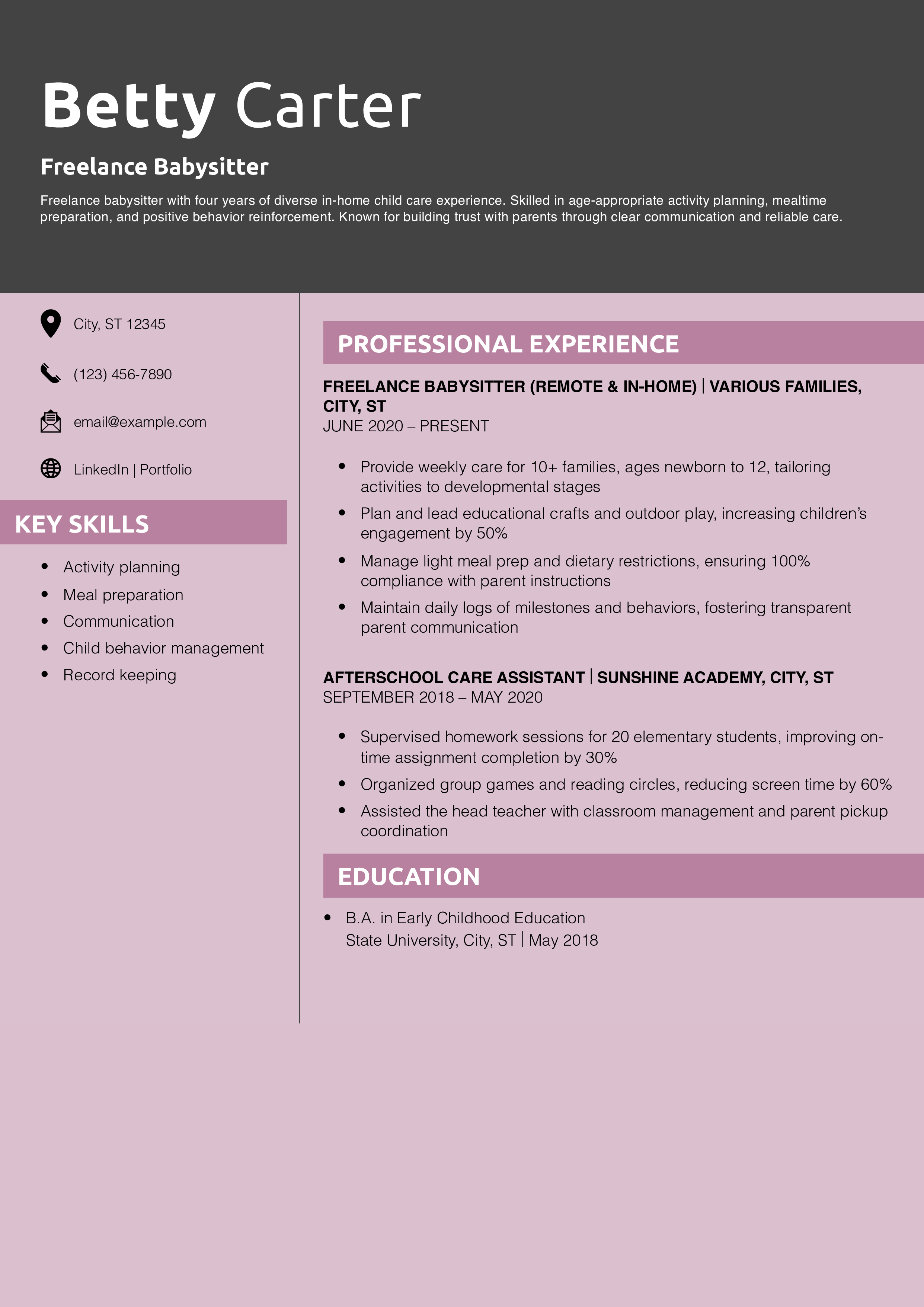 Freelance Babysitter Resume Example