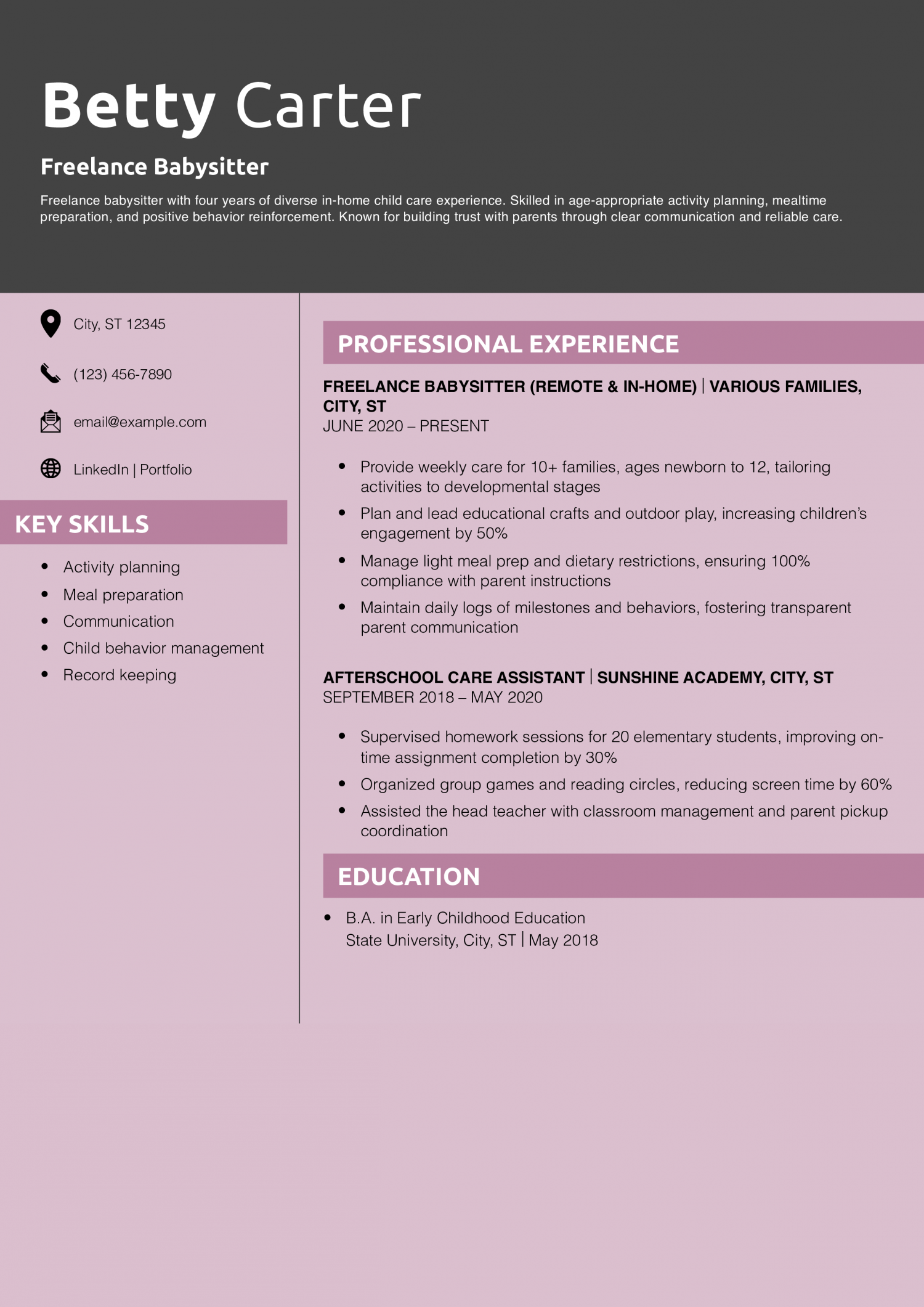 Freelance Babysitter Resume Example