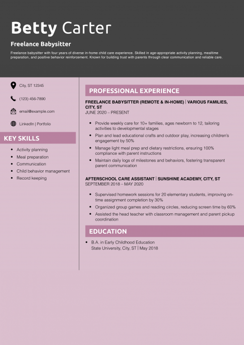 Freelance Babysitter Resume Example