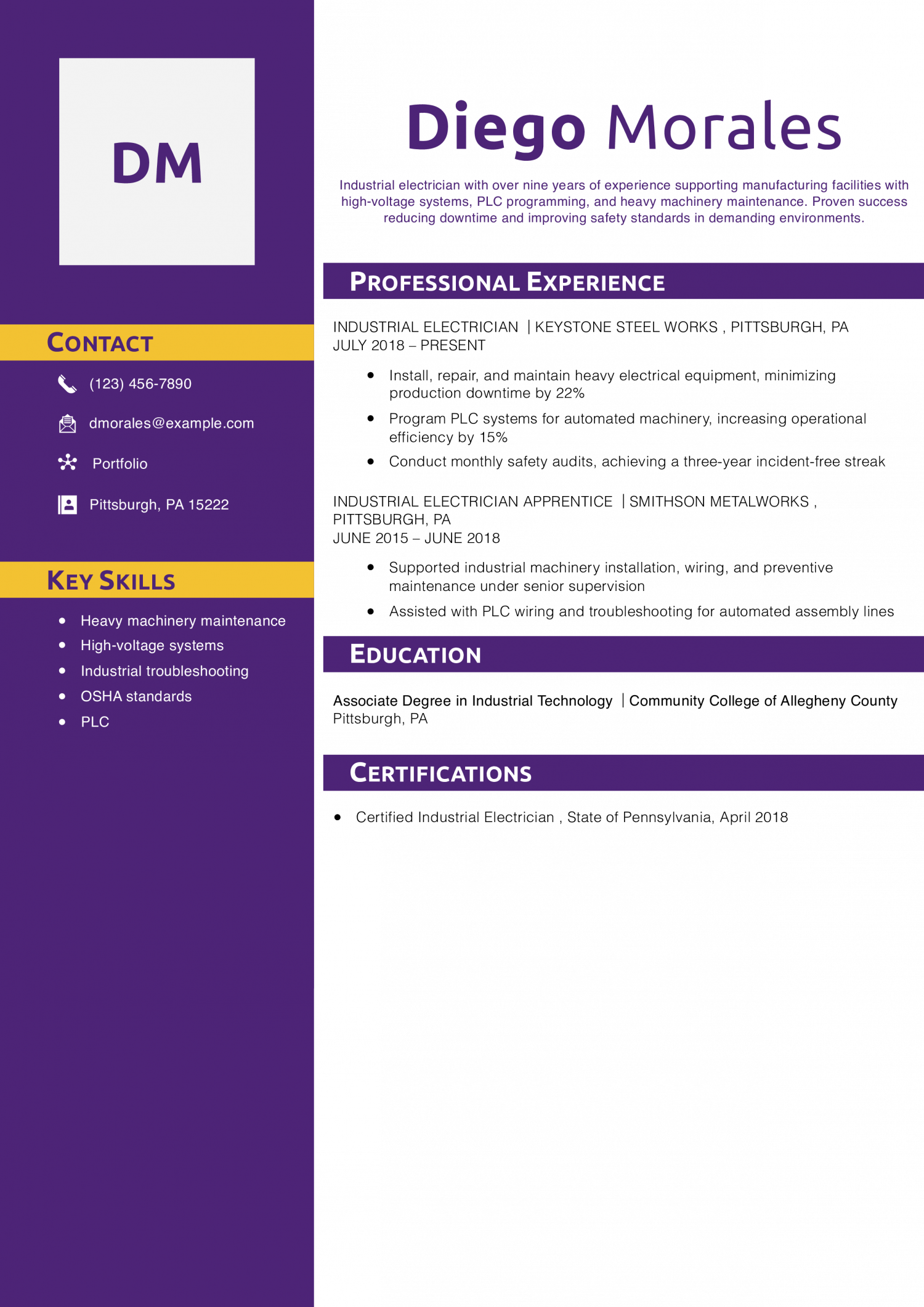Industrial Electrician Resume Example 