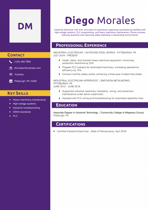 Industrial Electrician Resume Example 