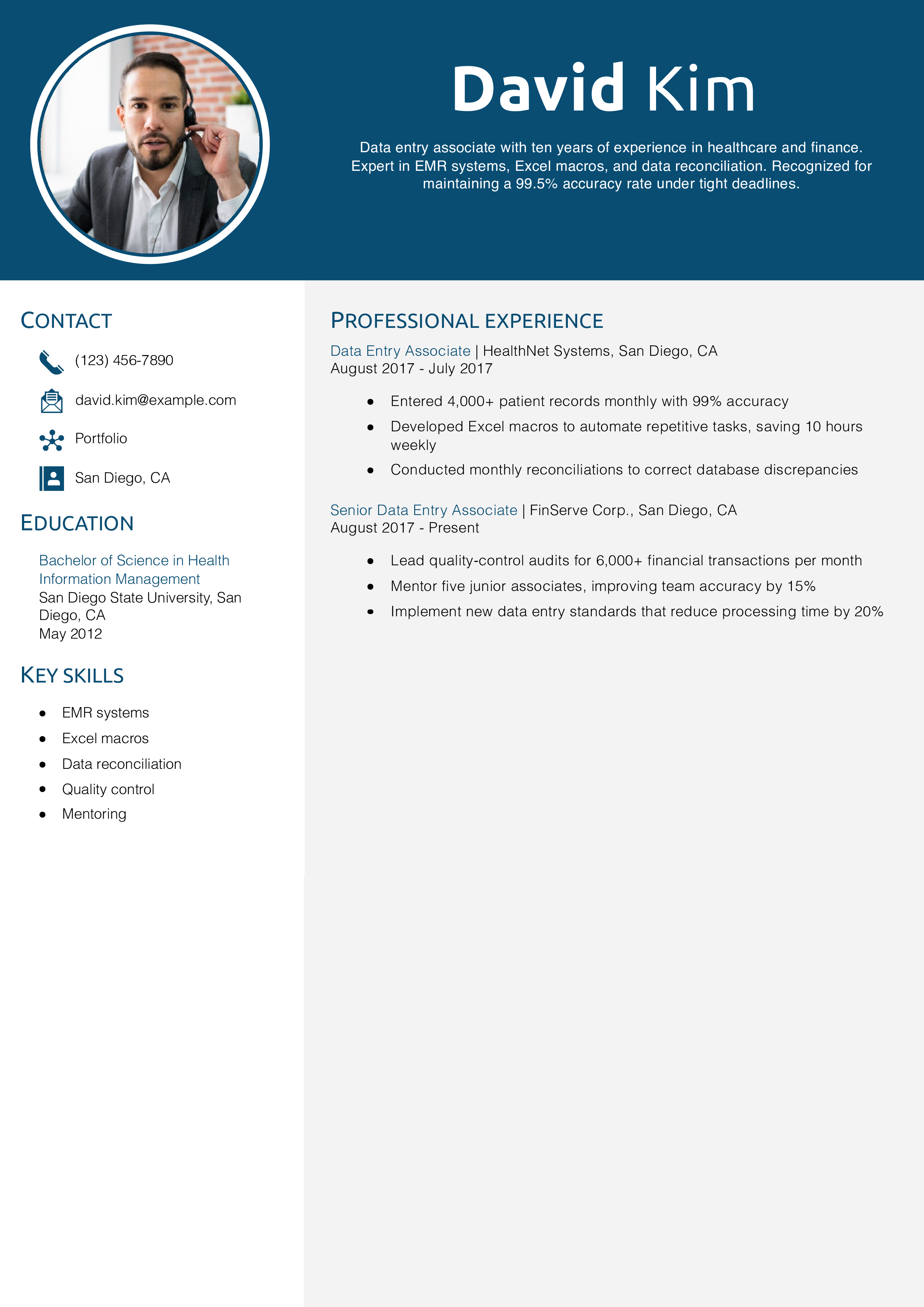 Data Entry Associate Resume Example
