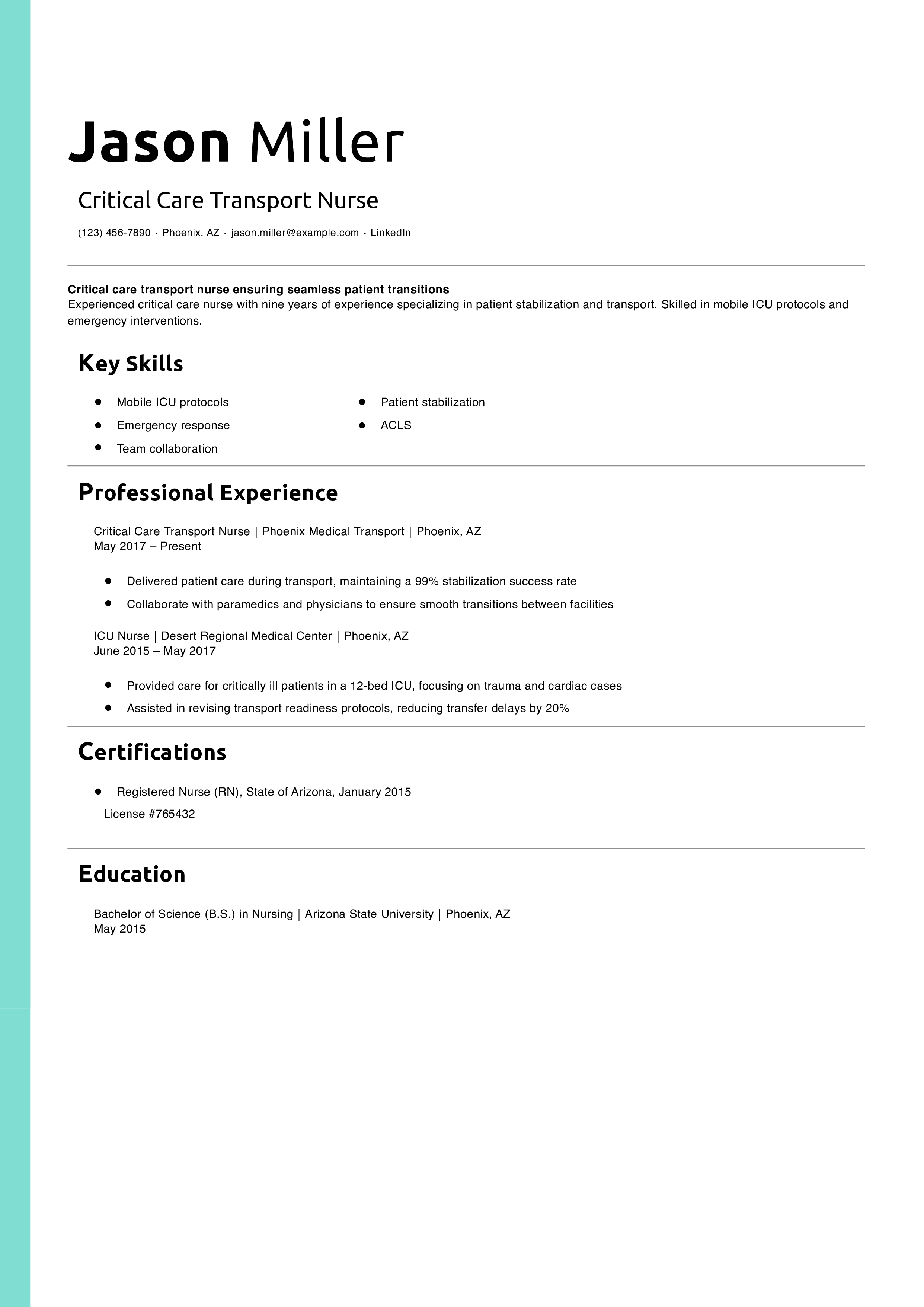Critical Care Transport Nurse Resume