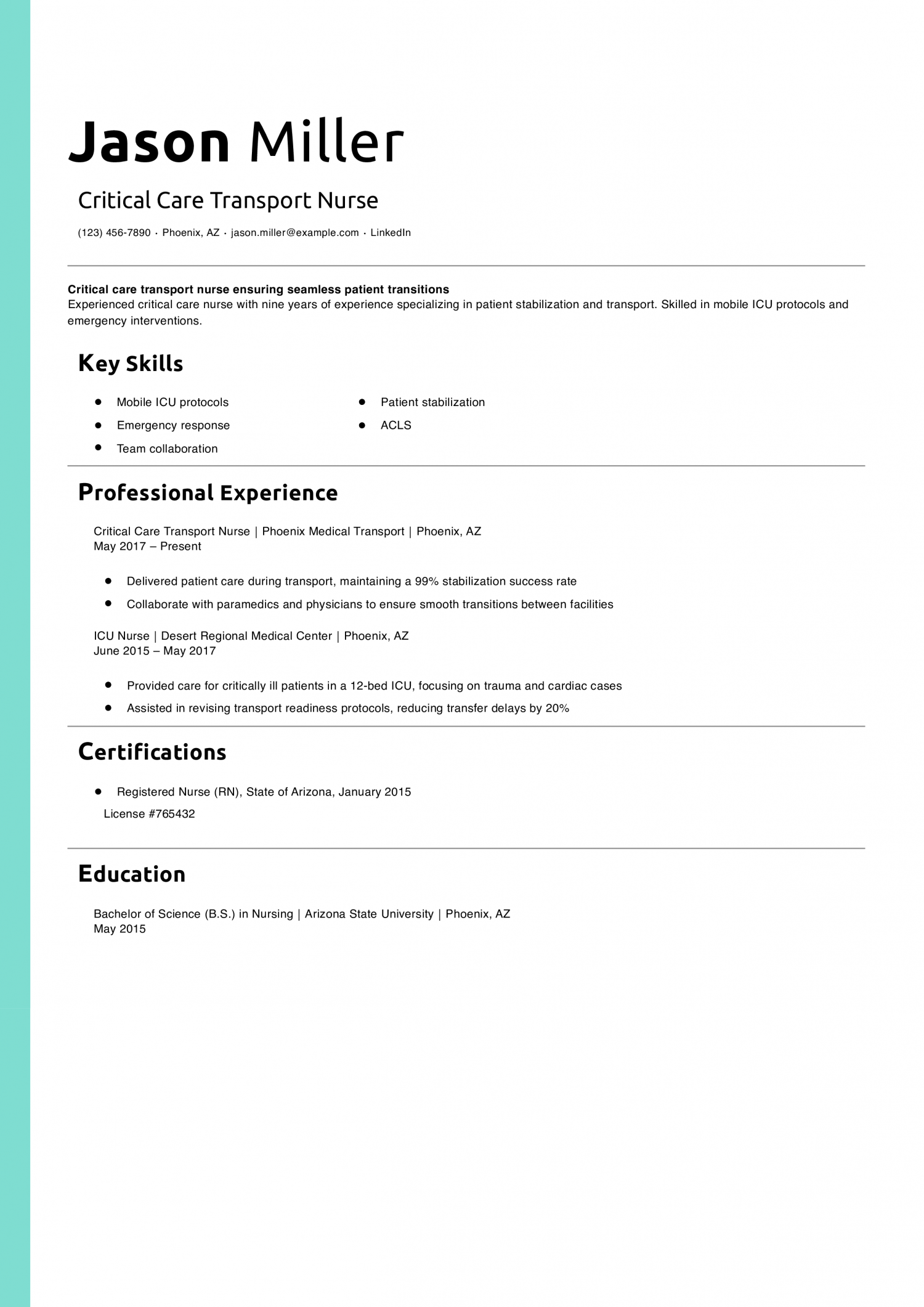 Critical Care Transport Nurse Resume