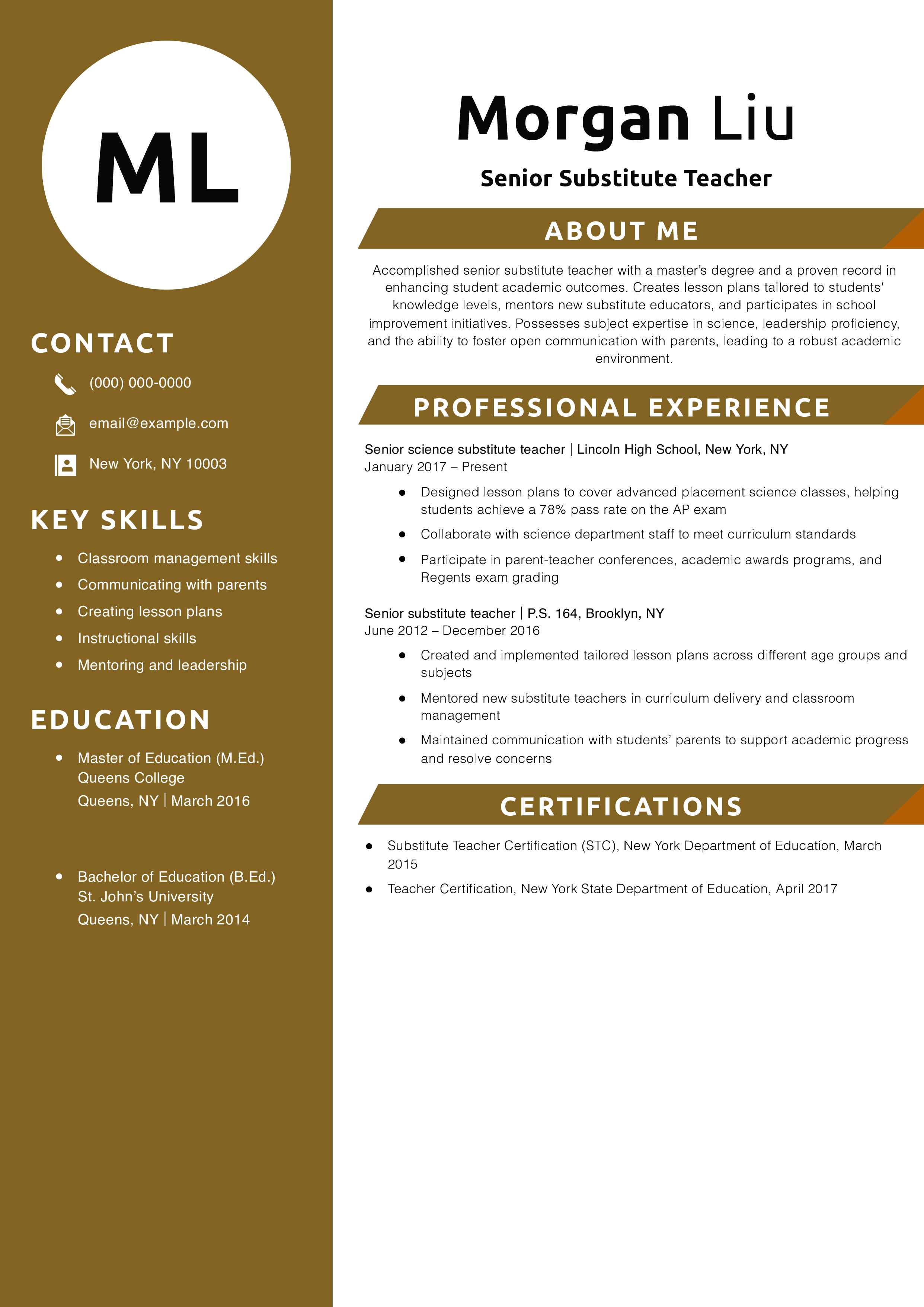 Senior Substitute Teacher Resume Example