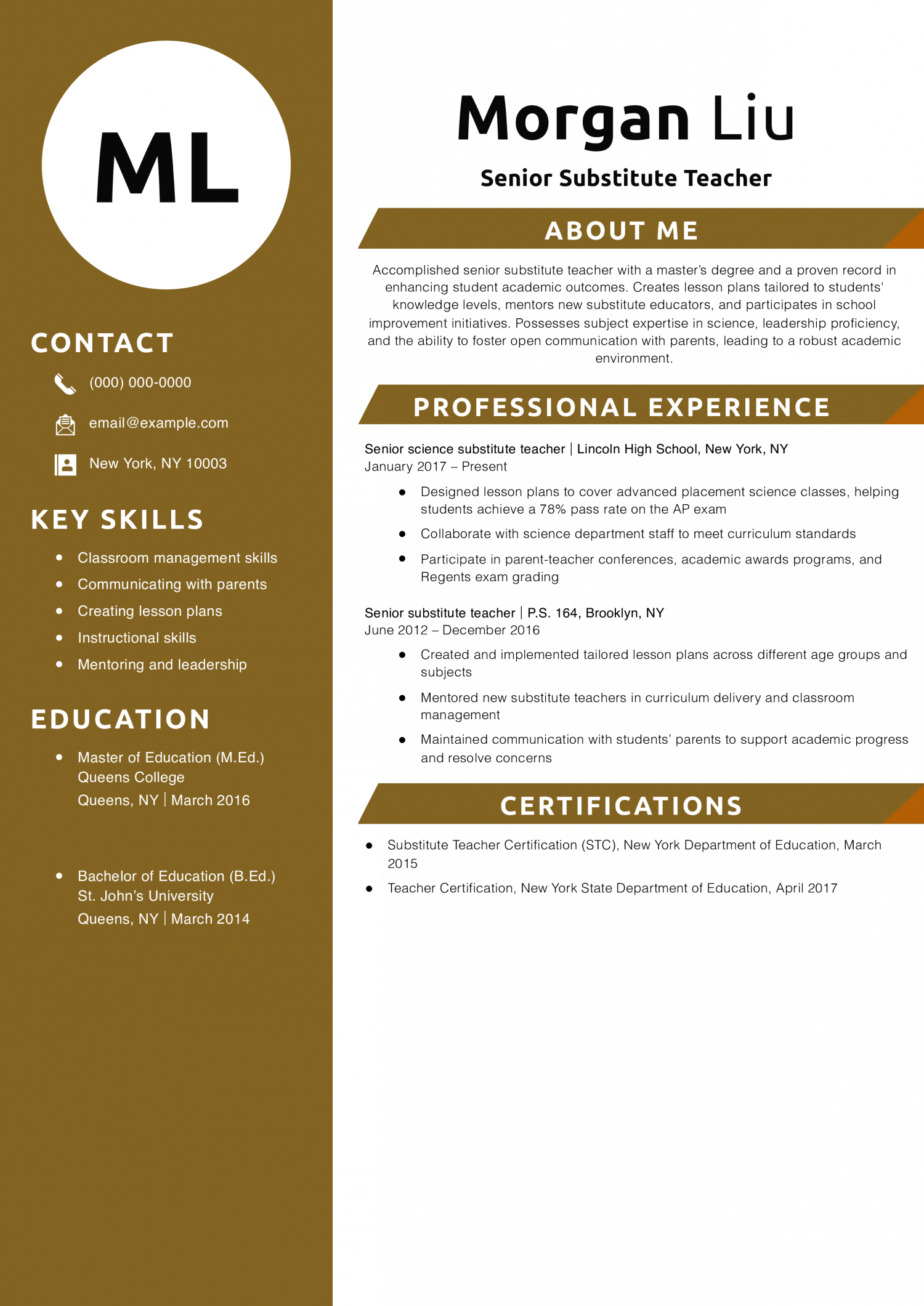 Senior Substitute Teacher Resume Example