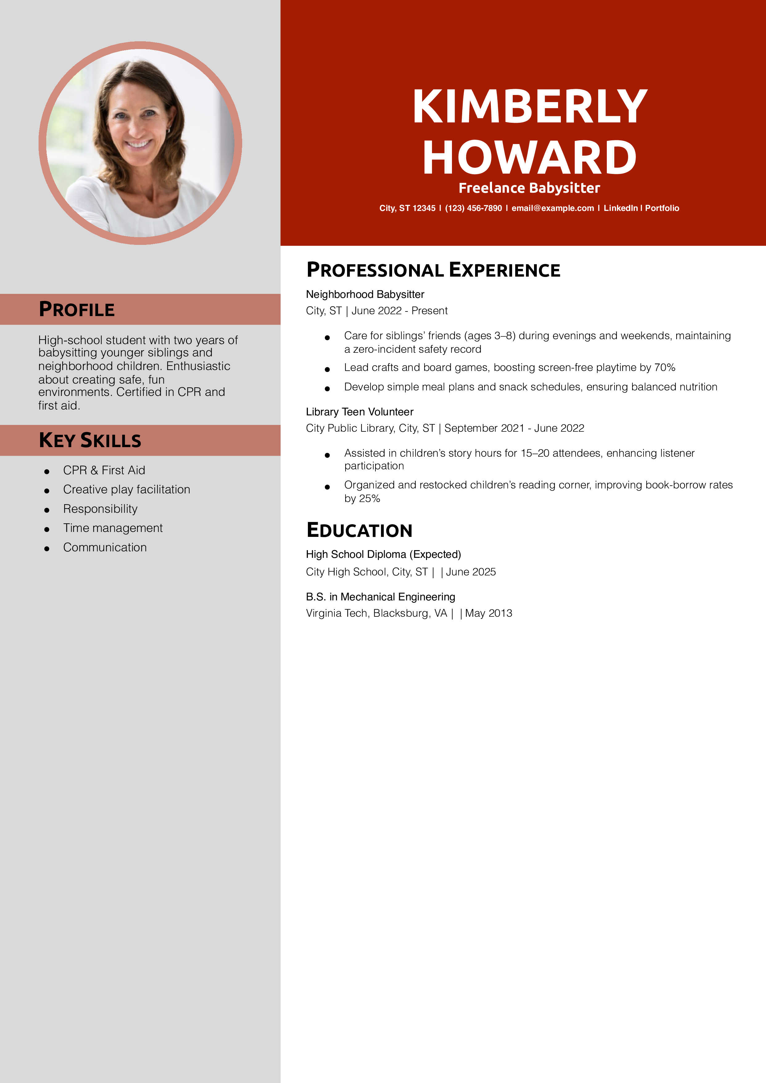 Teenage Babysitter Resume Example