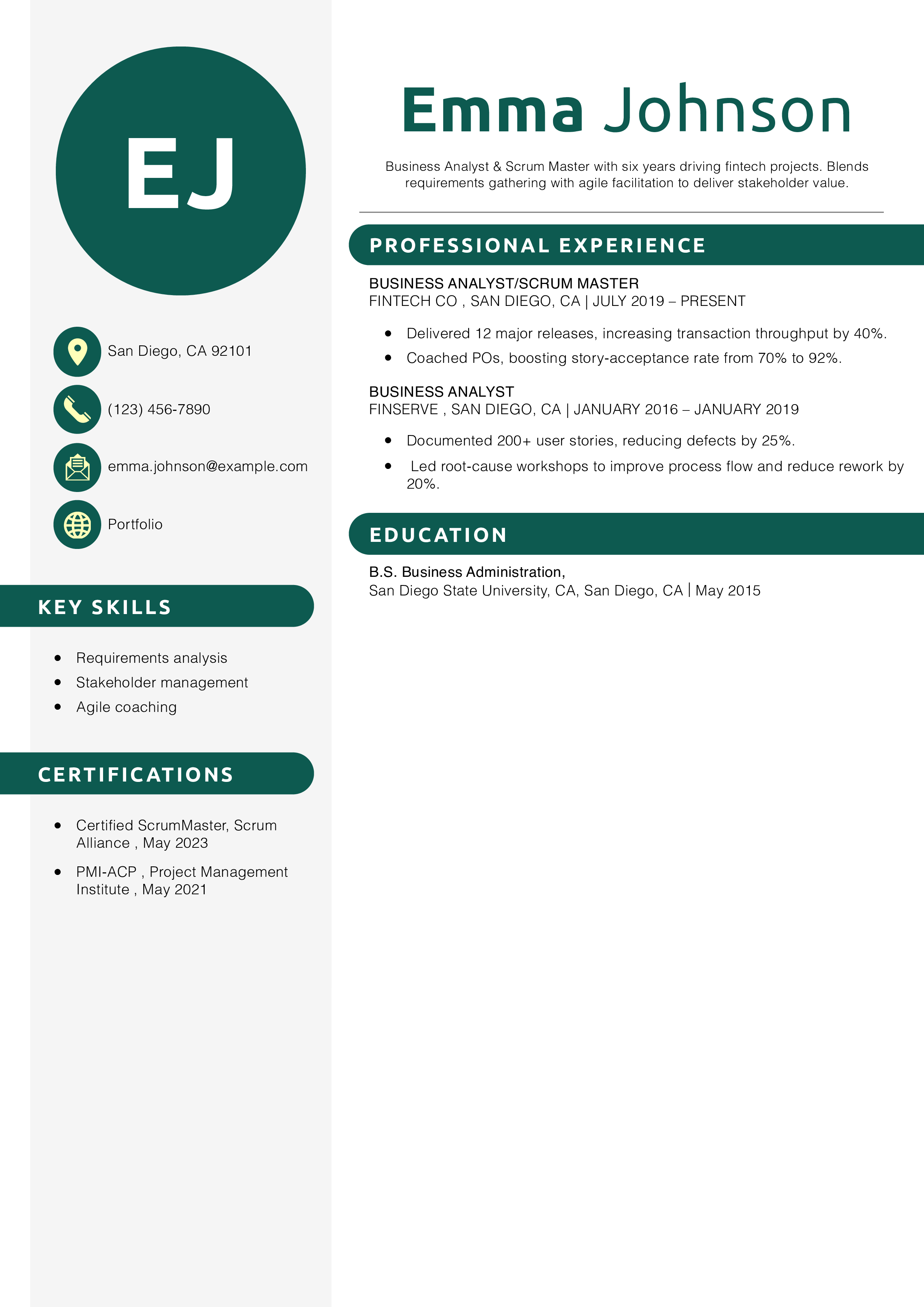 Business Analyst Scrum Master Resume Example