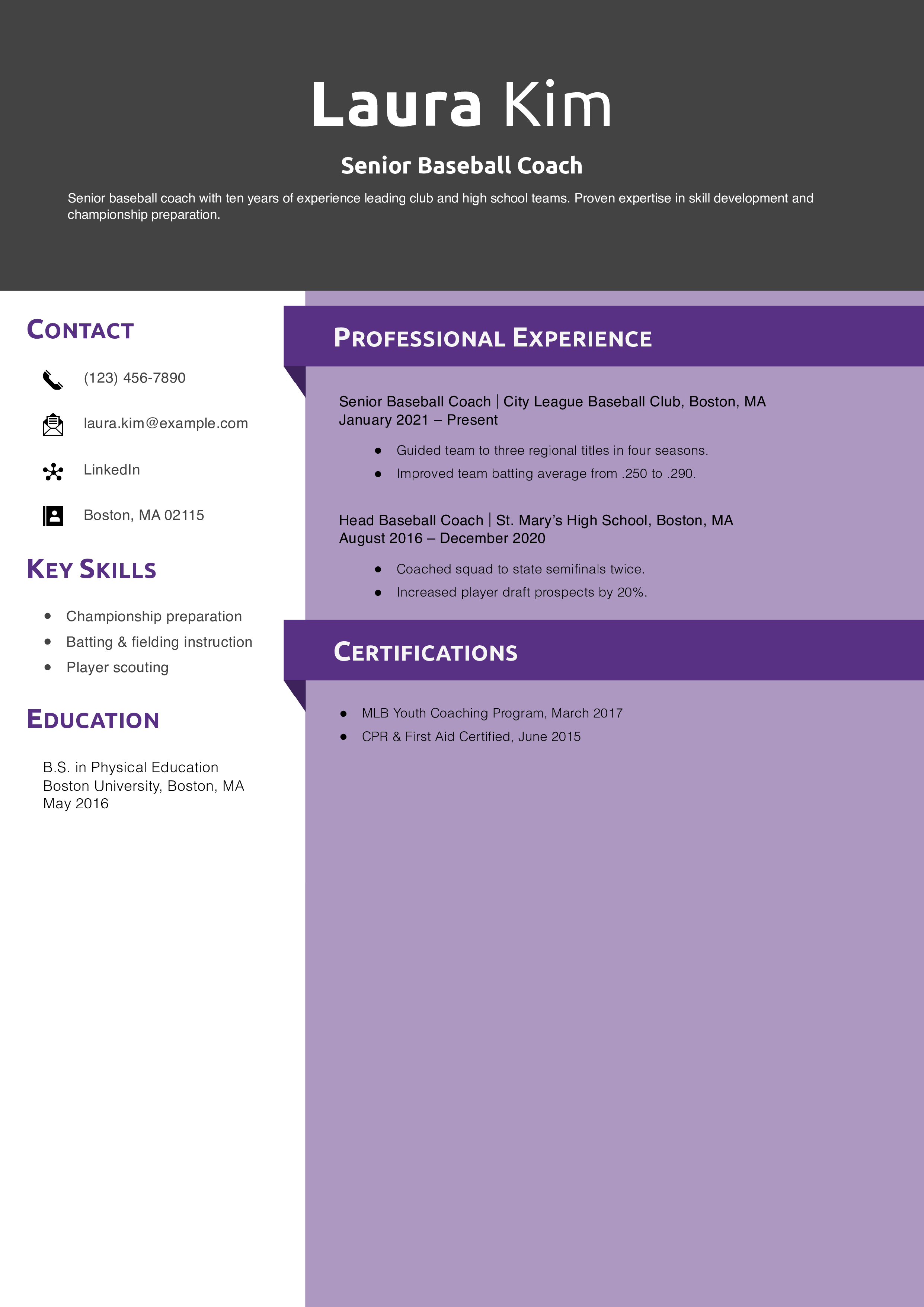 Senior Baseball Coach Resume Example