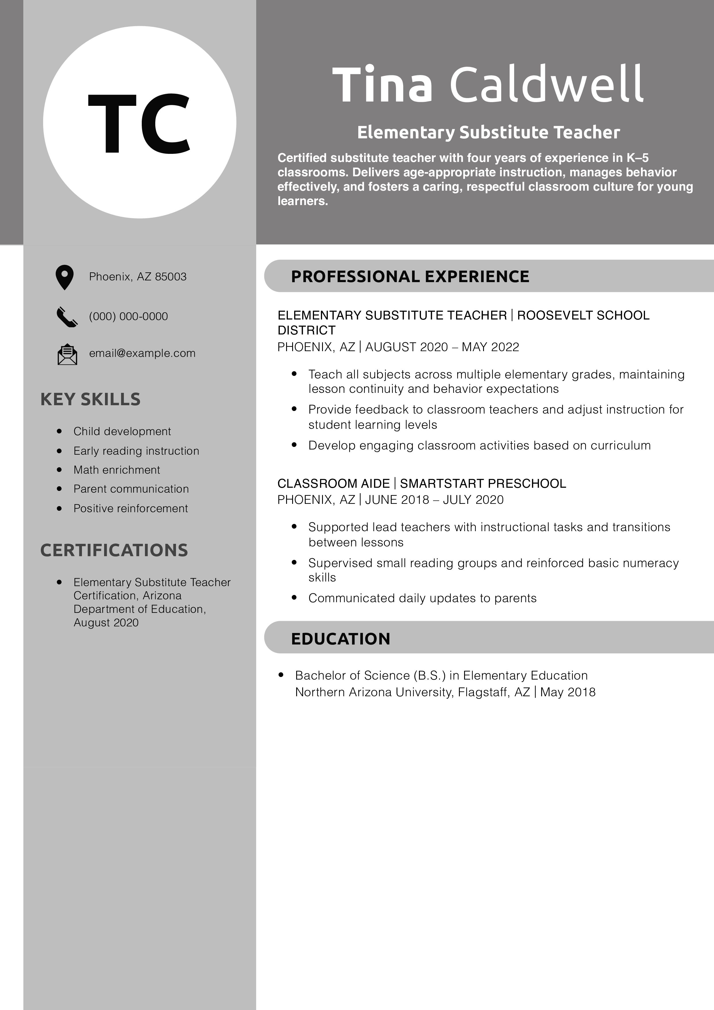 Elementary Substitute Teacher Resume Example