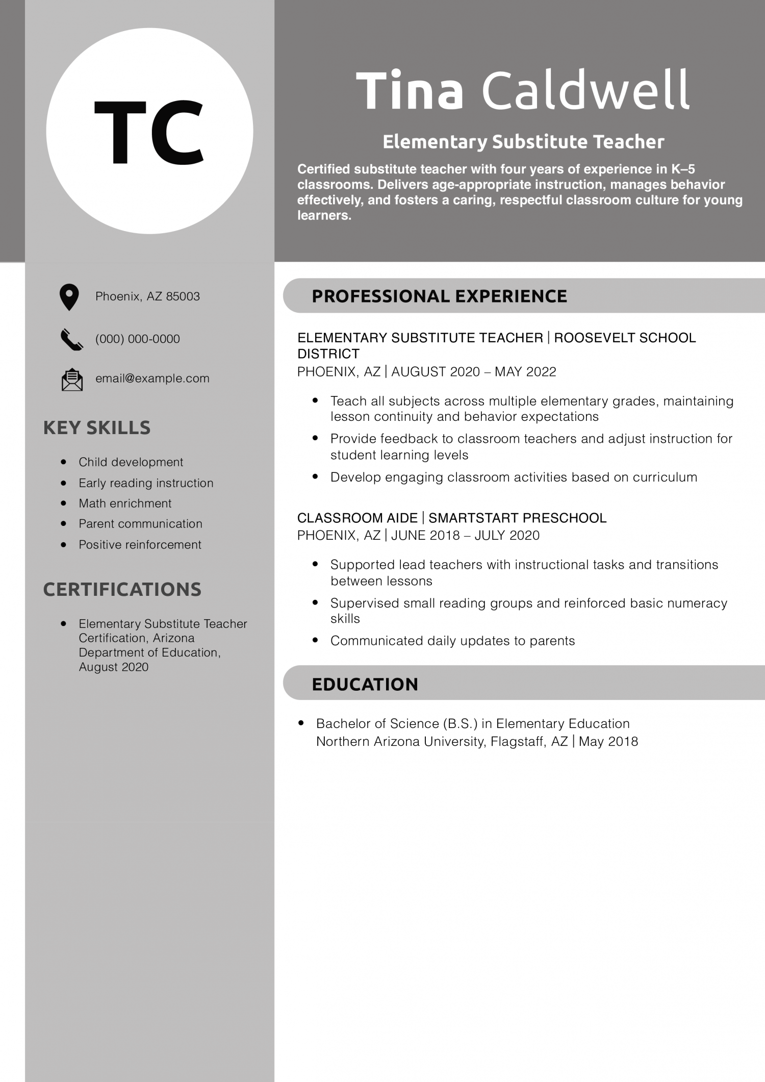 Elementary Substitute Teacher Resume Example