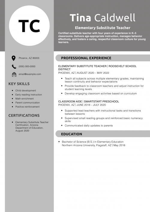 Elementary Substitute Teacher Resume Example