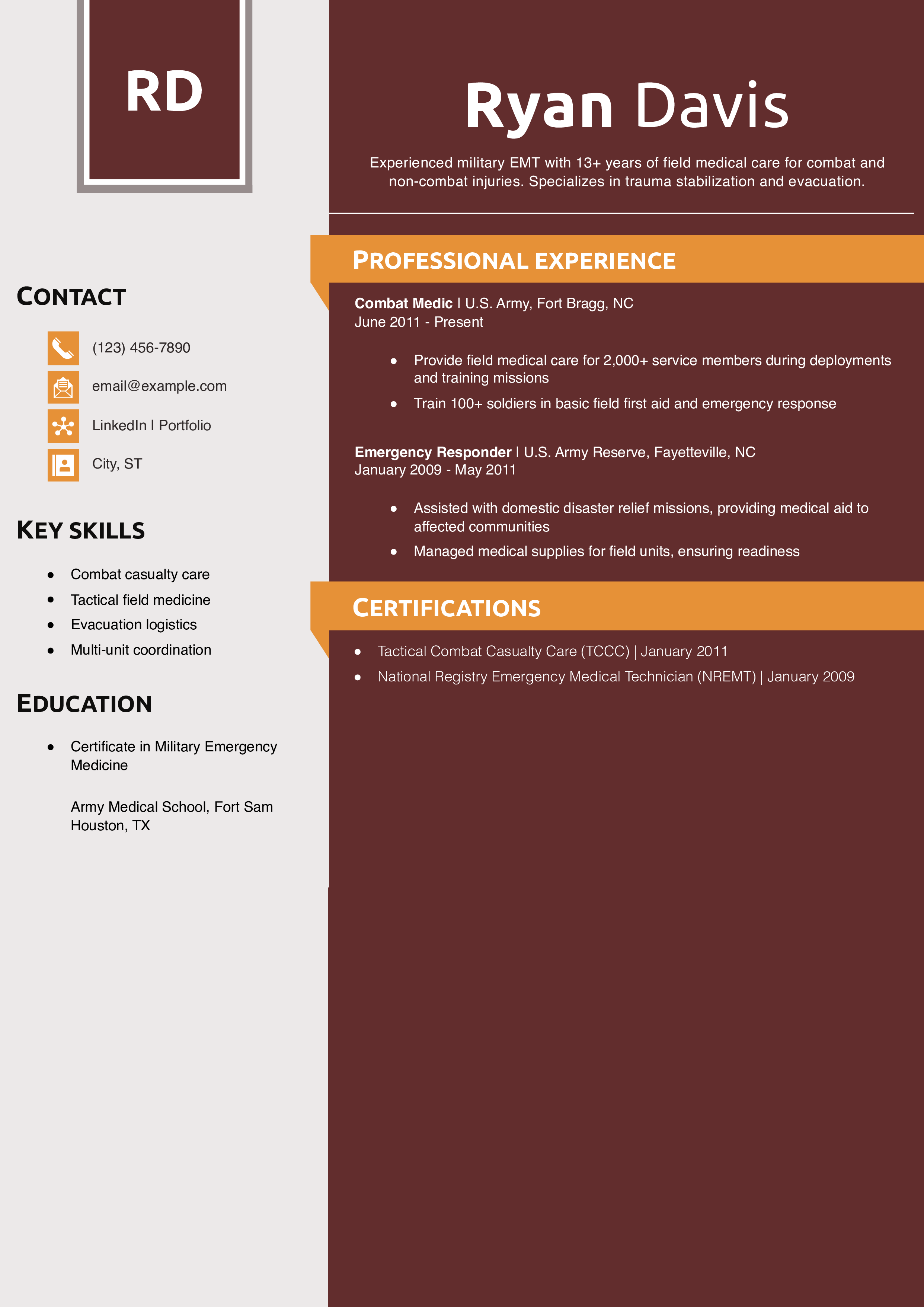 Military EMT Resume Example