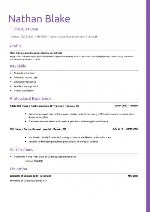 Flight ICU Nurse Resume