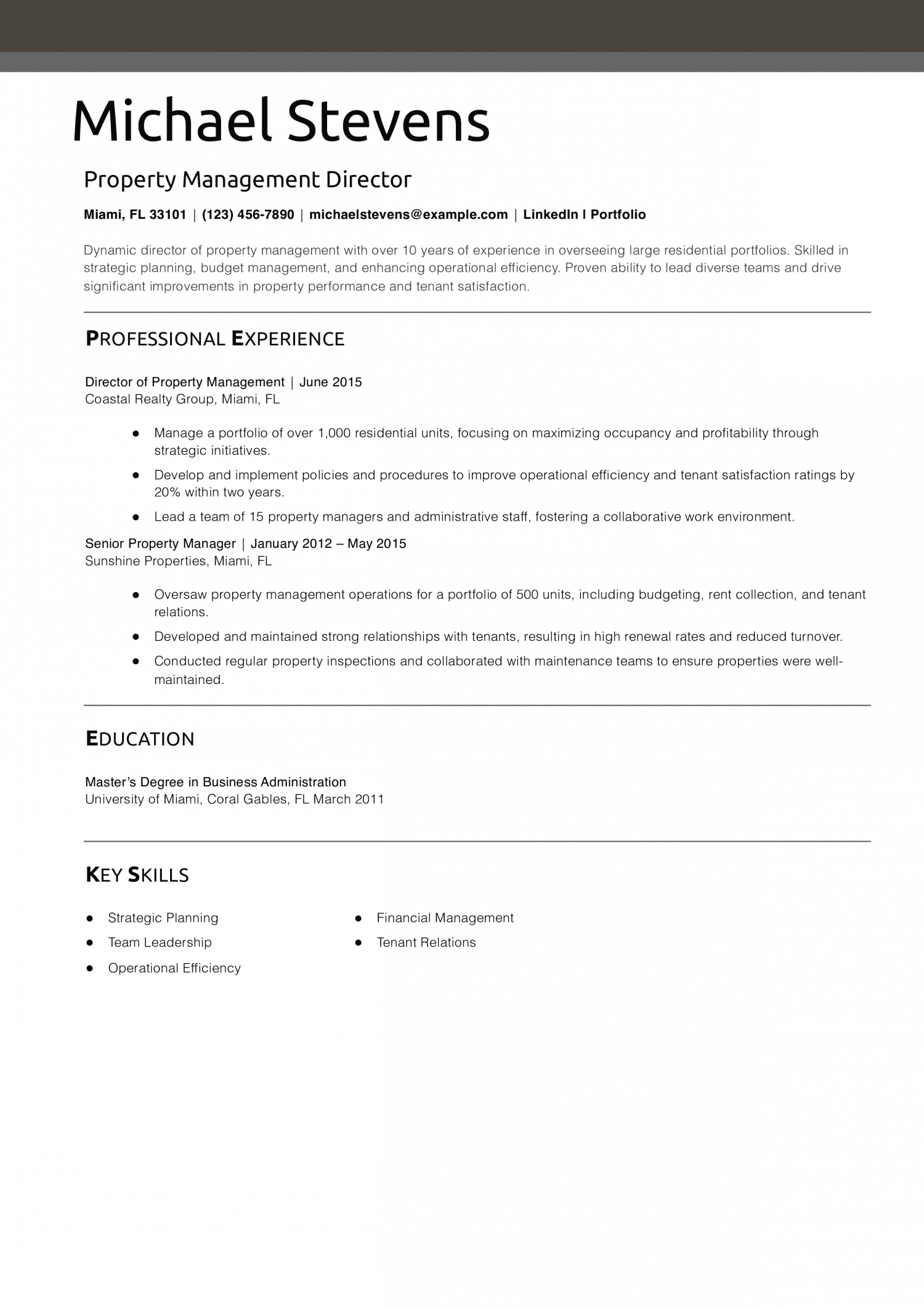 Property Management Director Resume Example