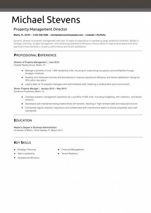 Property Management Director Resume Example