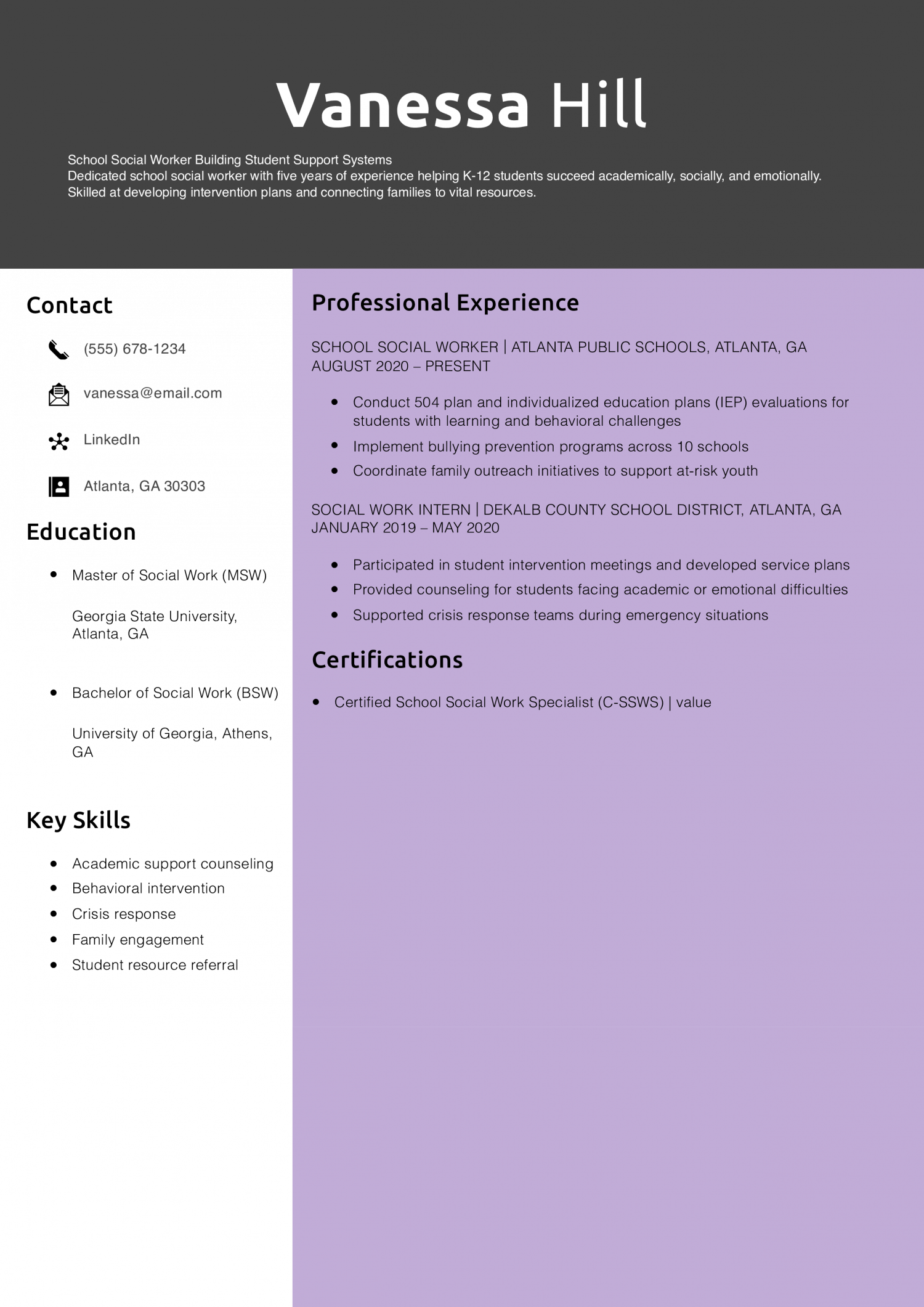 School Social Worker Resume Example