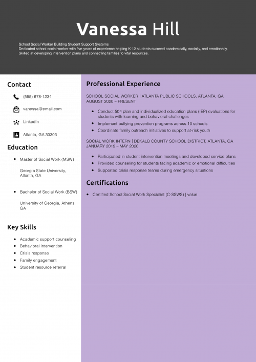 School Social Worker Resume Example