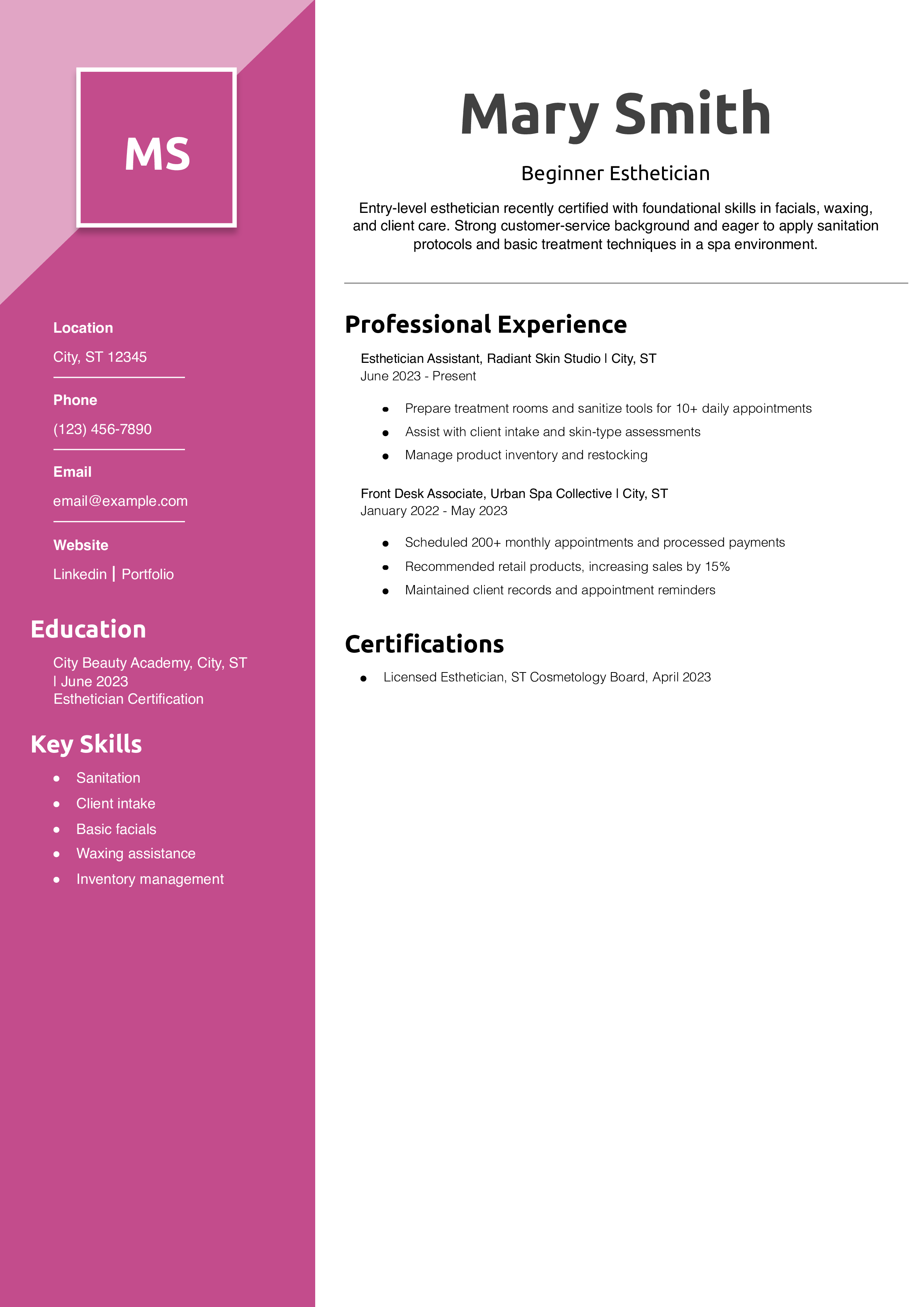 Beginner Esthetician Resume Example
