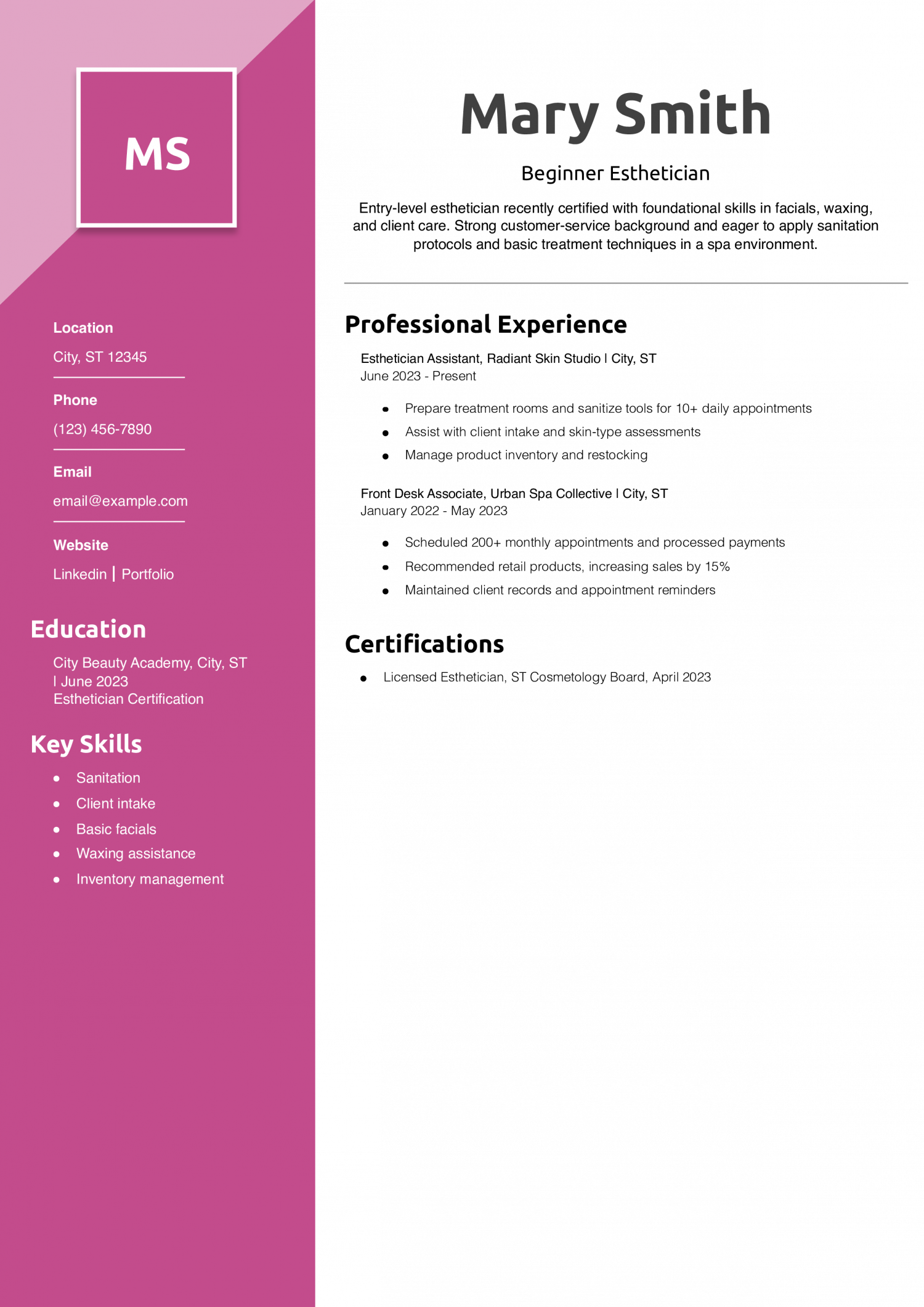 Beginner Esthetician Resume Example