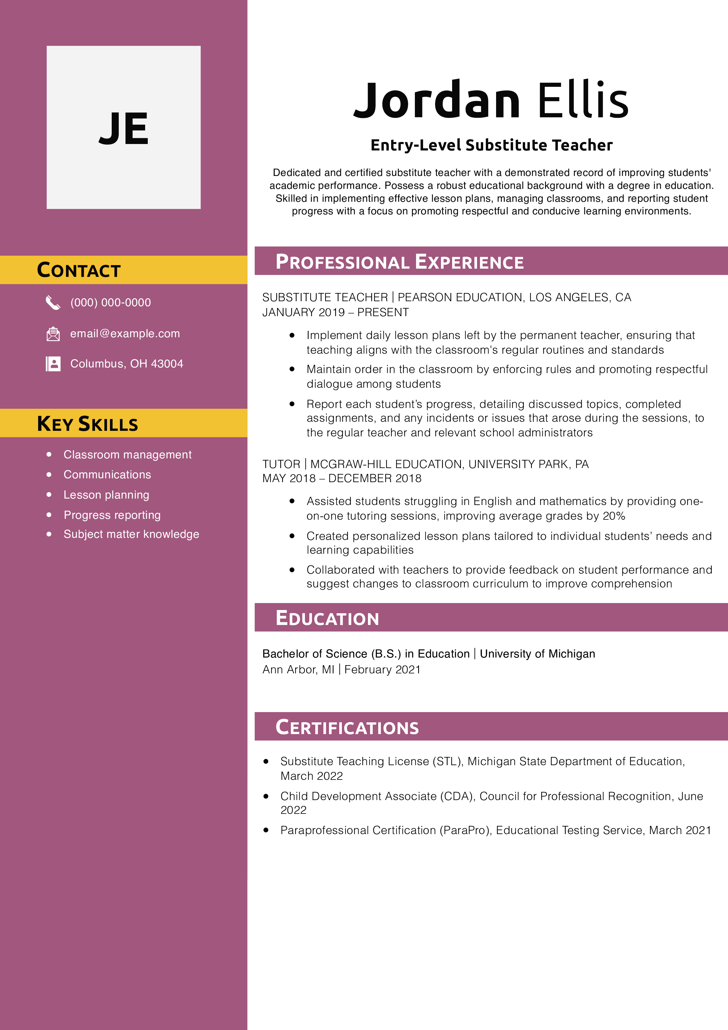Entry-Level Substitute Teacher Resume Example