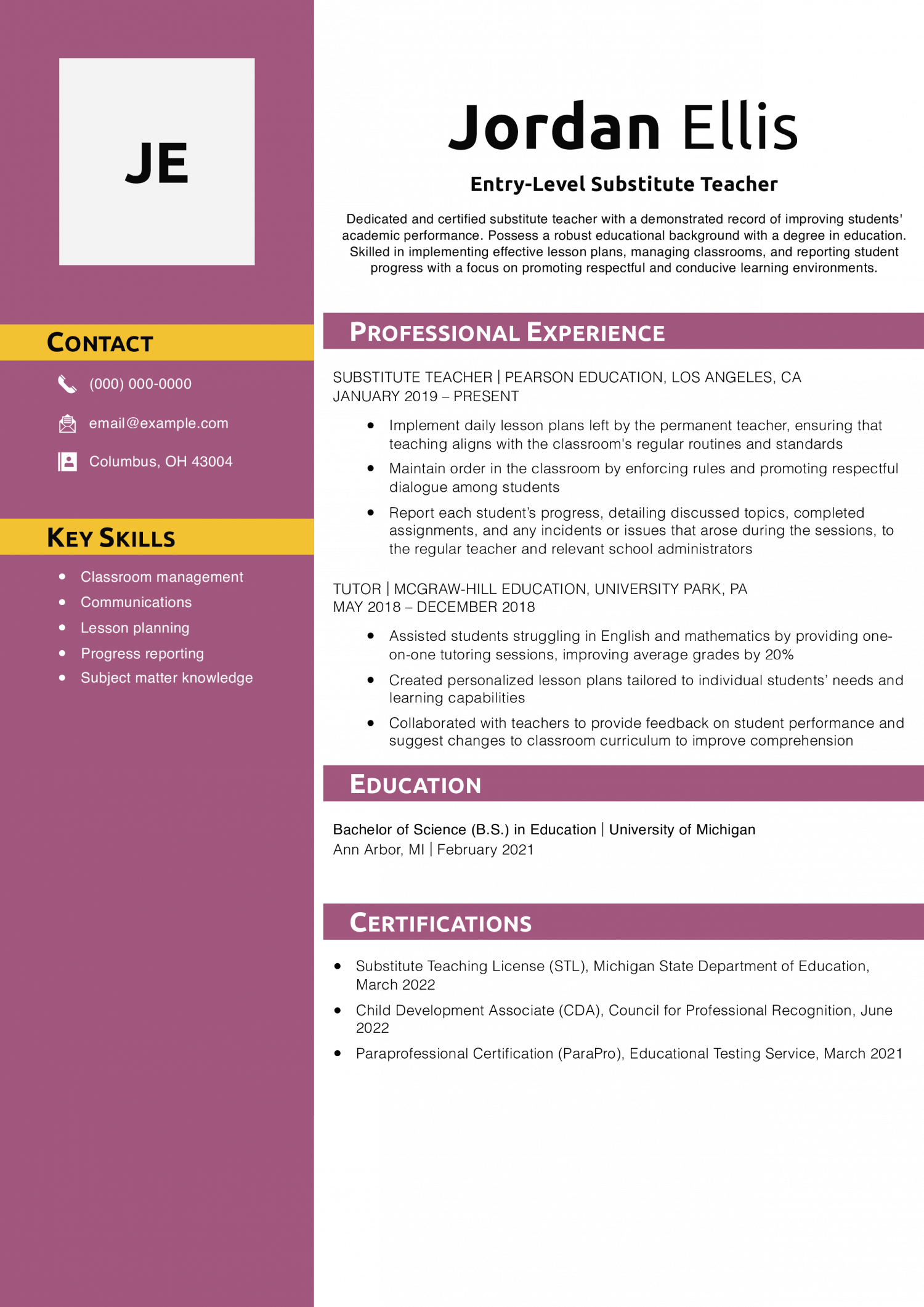 Entry-Level Substitute Teacher Resume Example