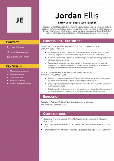 Entry-Level Substitute Teacher Resume Example