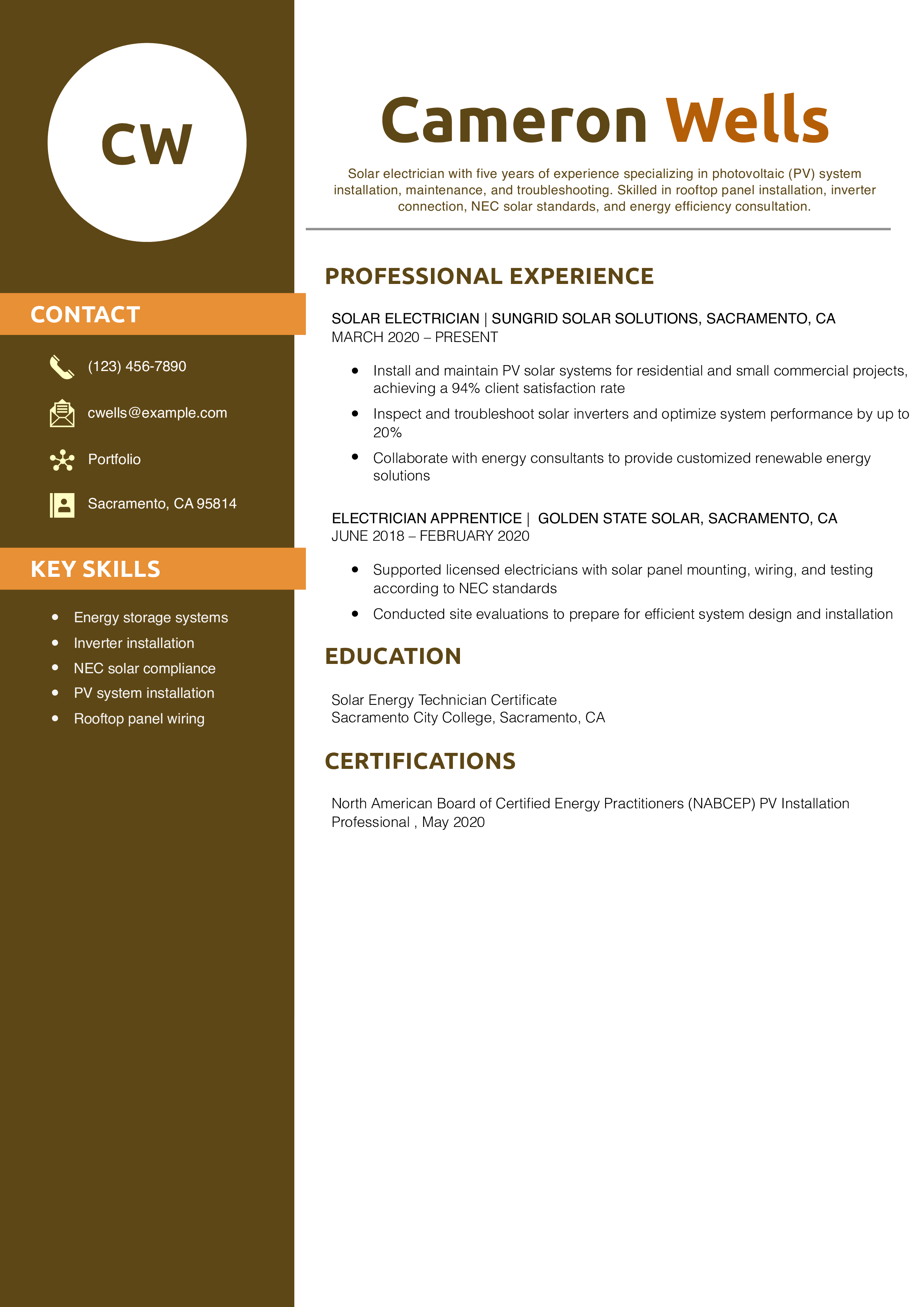 Solar Electrician Resume Example