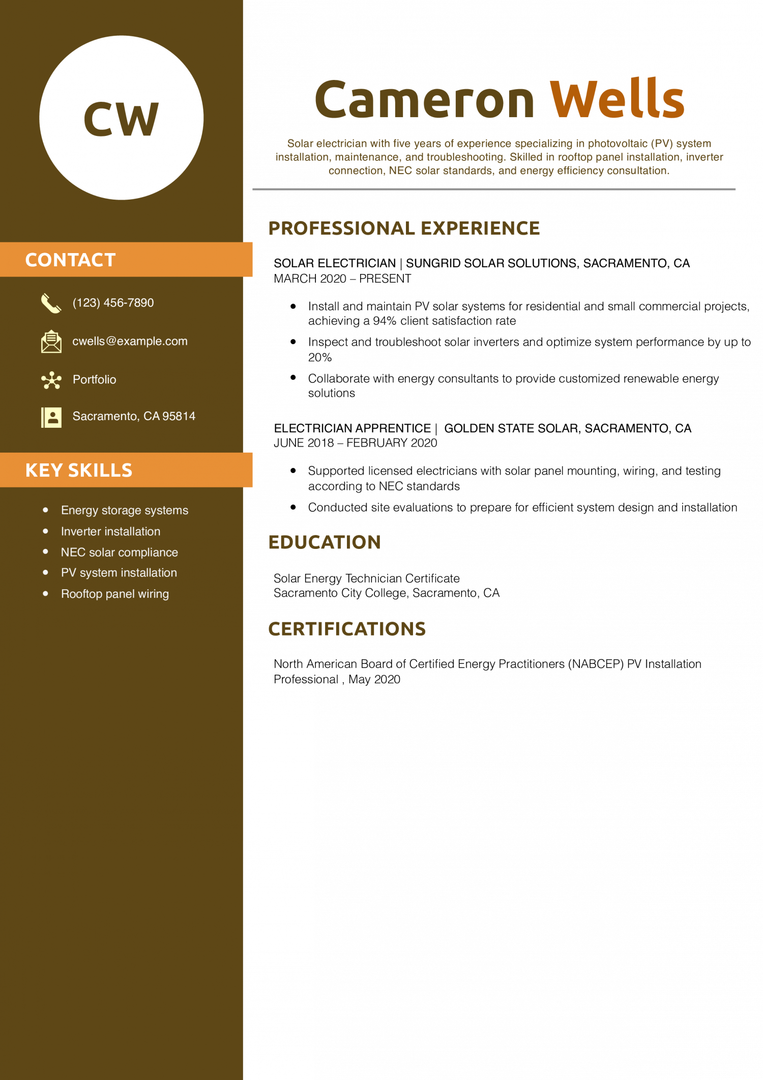 Solar Electrician Resume Example