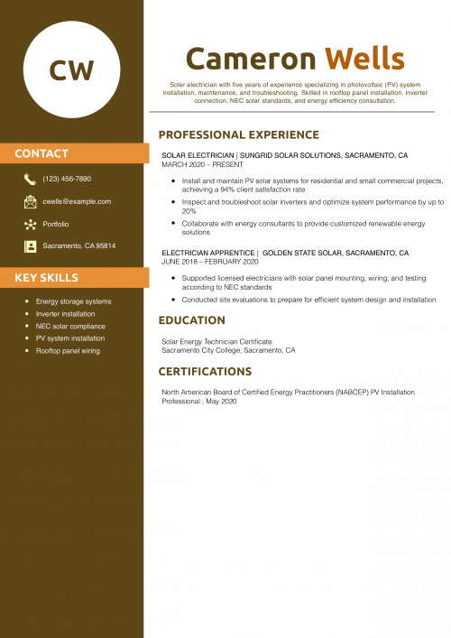 Solar Electrician Resume Example
