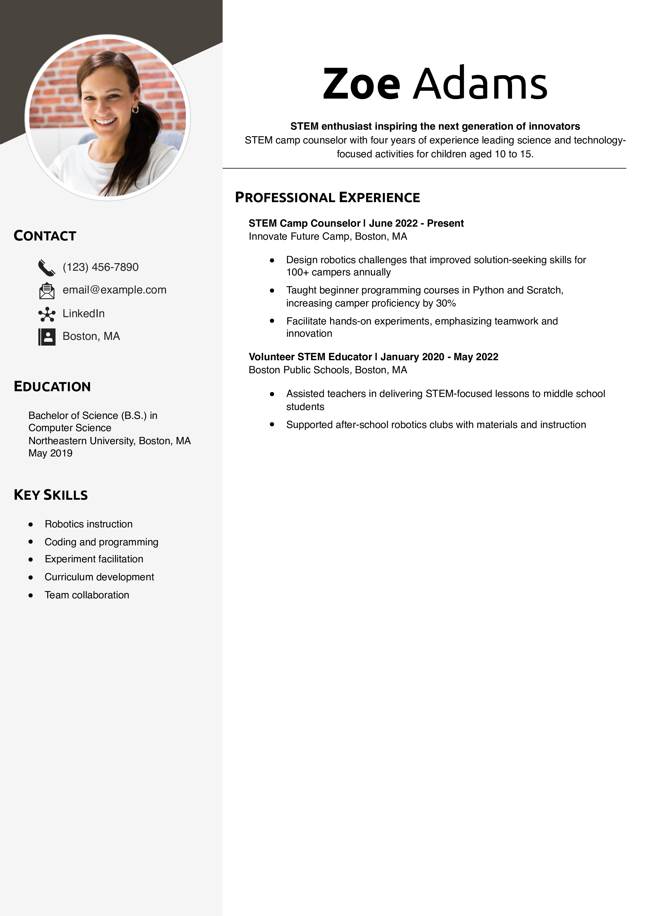 STEM Camp Counselor Resume