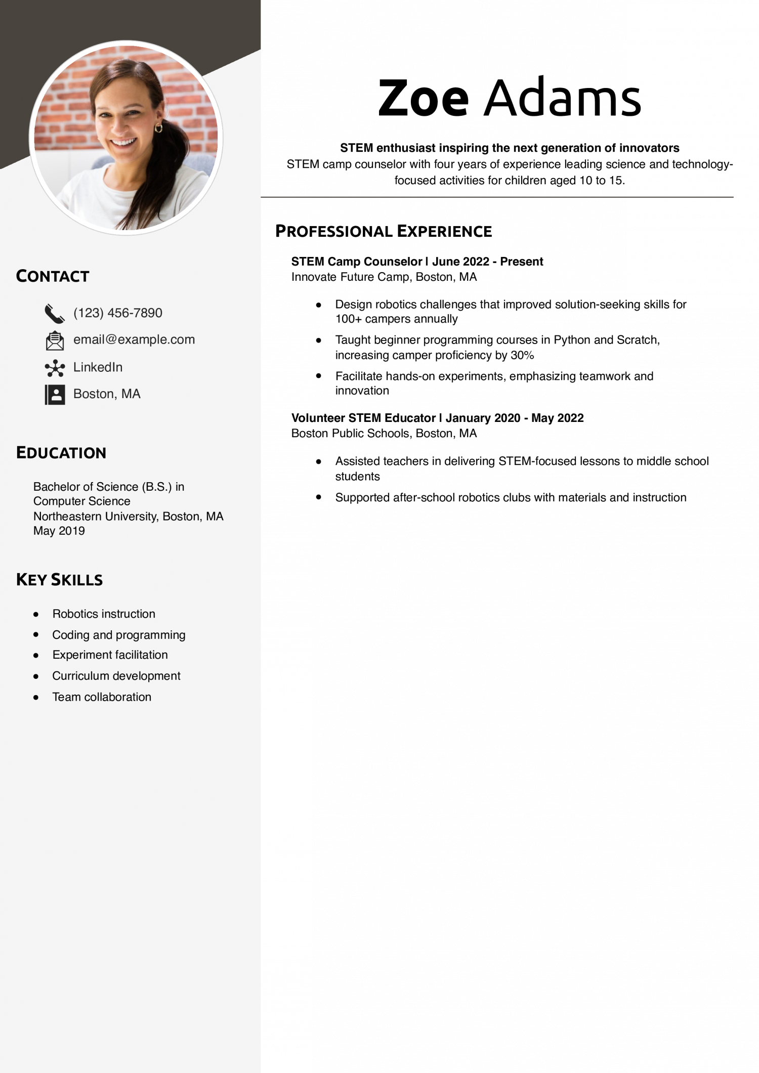 STEM Camp Counselor Resume