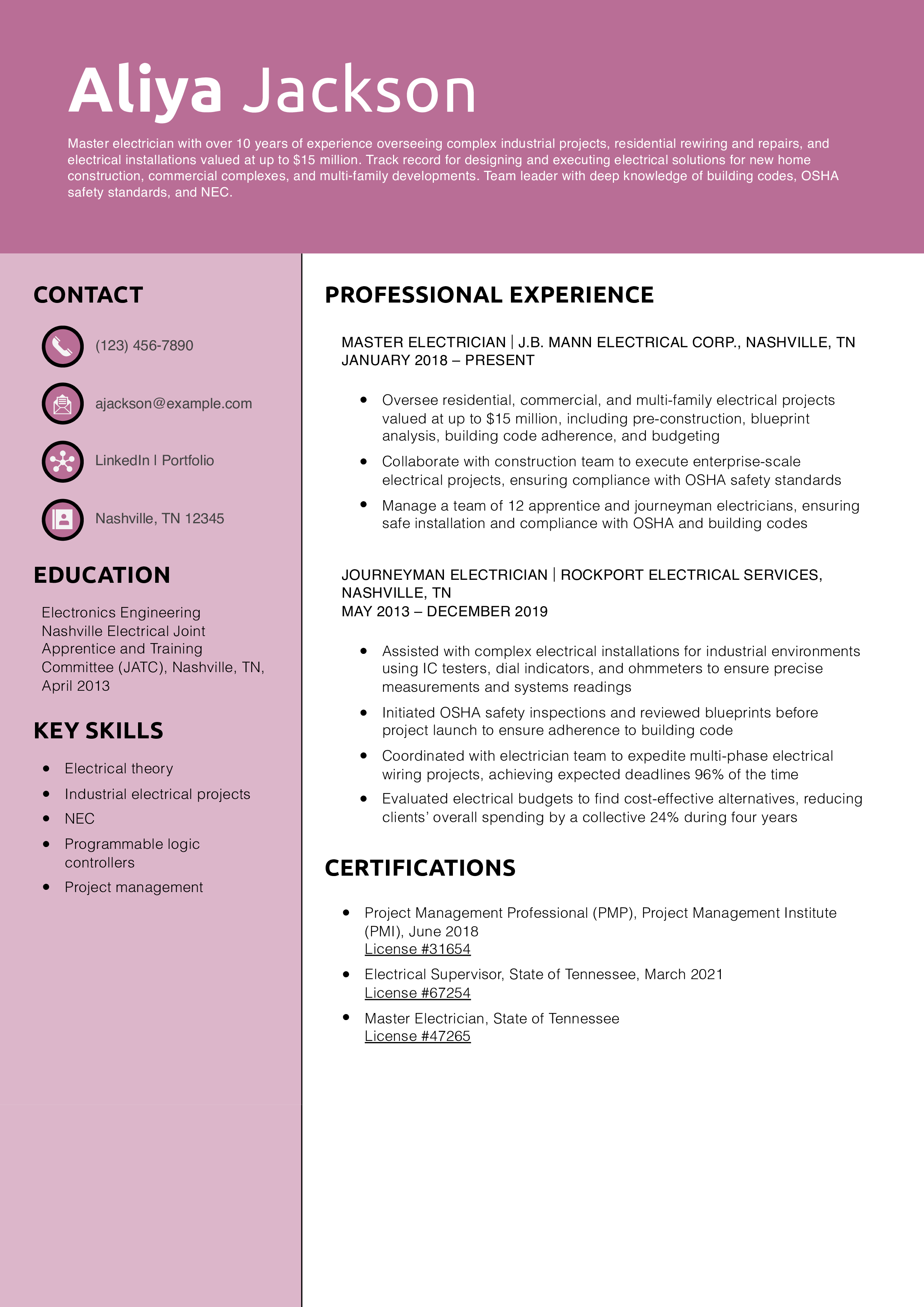 Senior-Level Electrician Resume Example