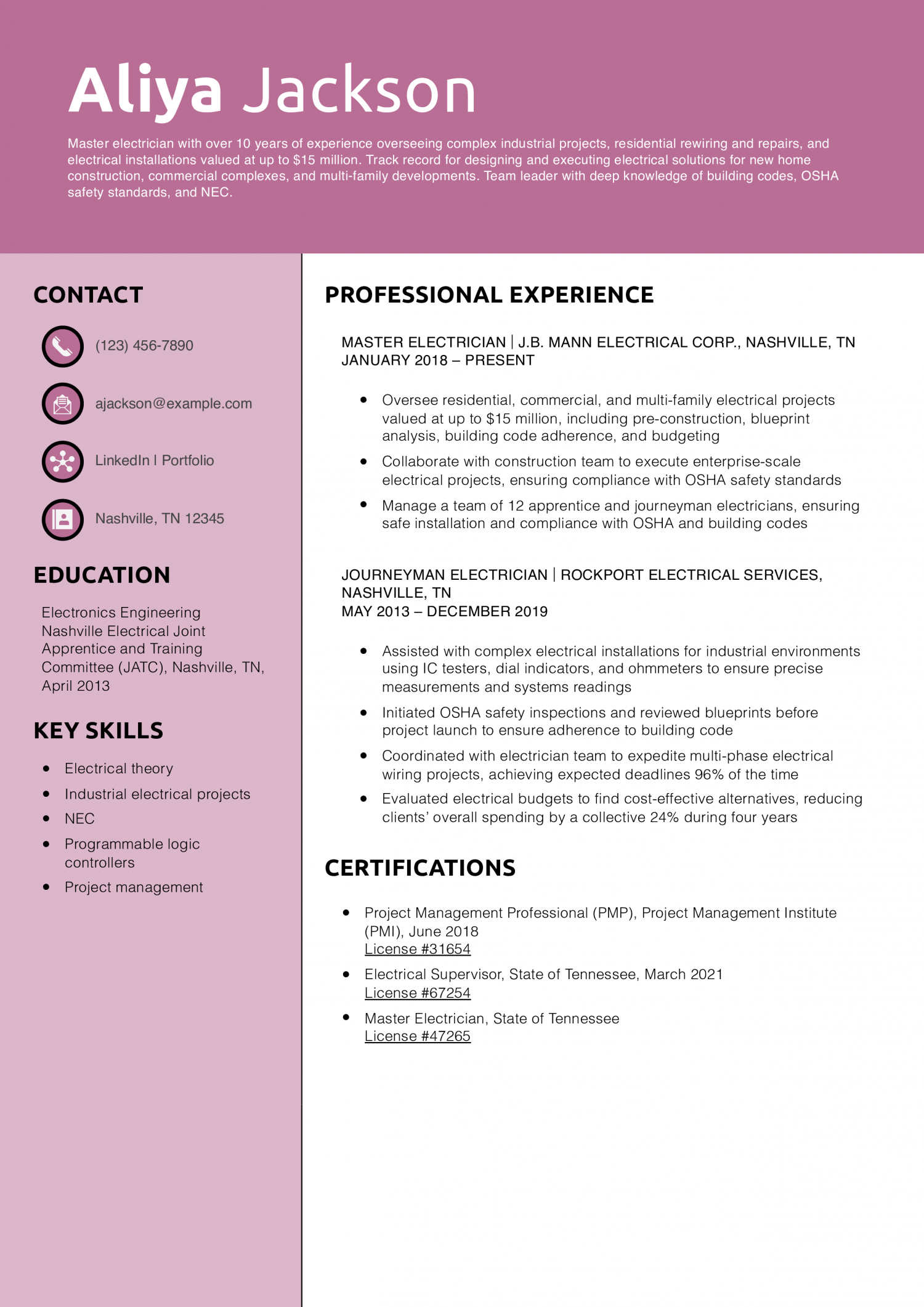 Senior-Level Electrician Resume Example
