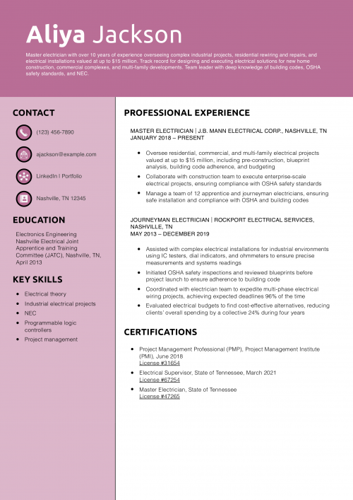 Senior-Level Electrician Resume Example