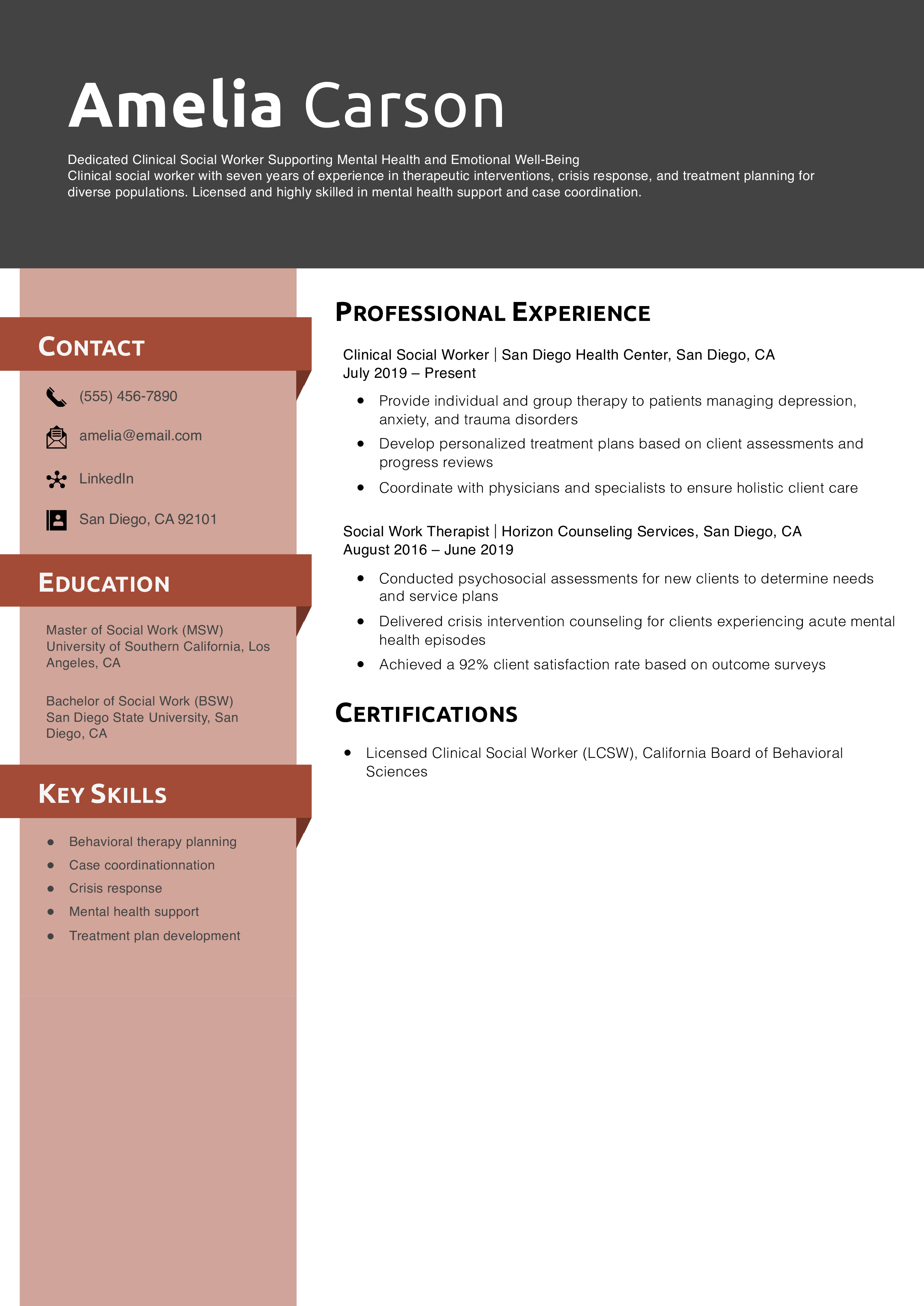 Clinical Social Worker Resume Example