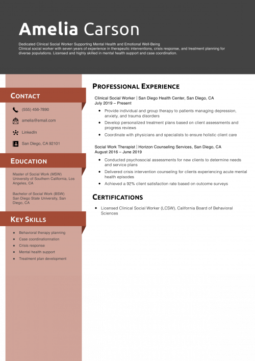 Clinical Social Worker Resume Example