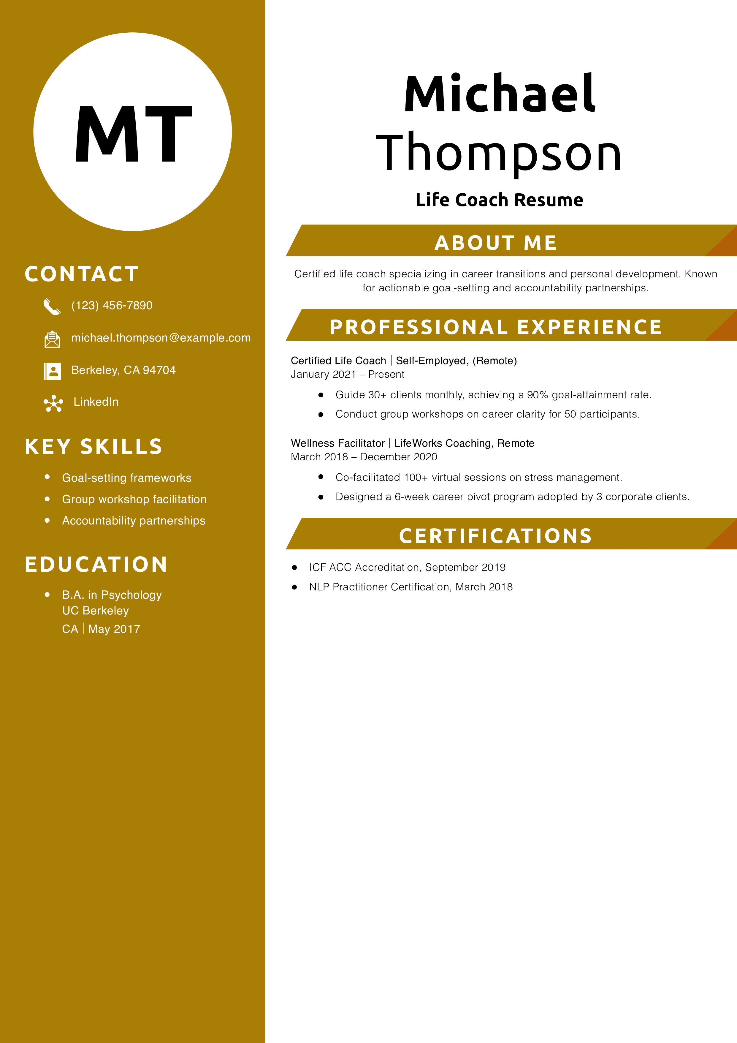 Life Coach Resume Example