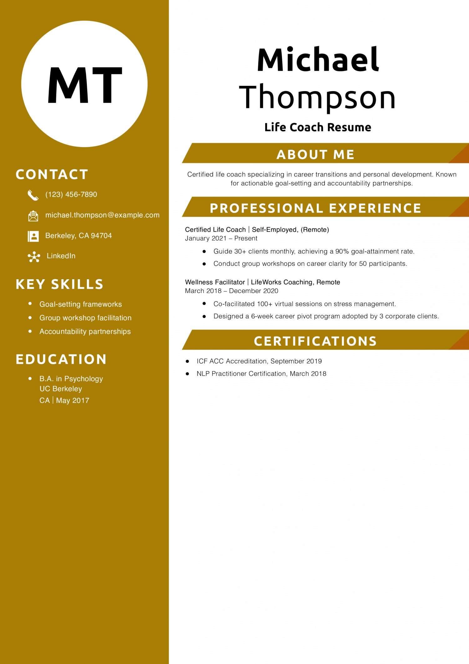 Life Coach Resume Example