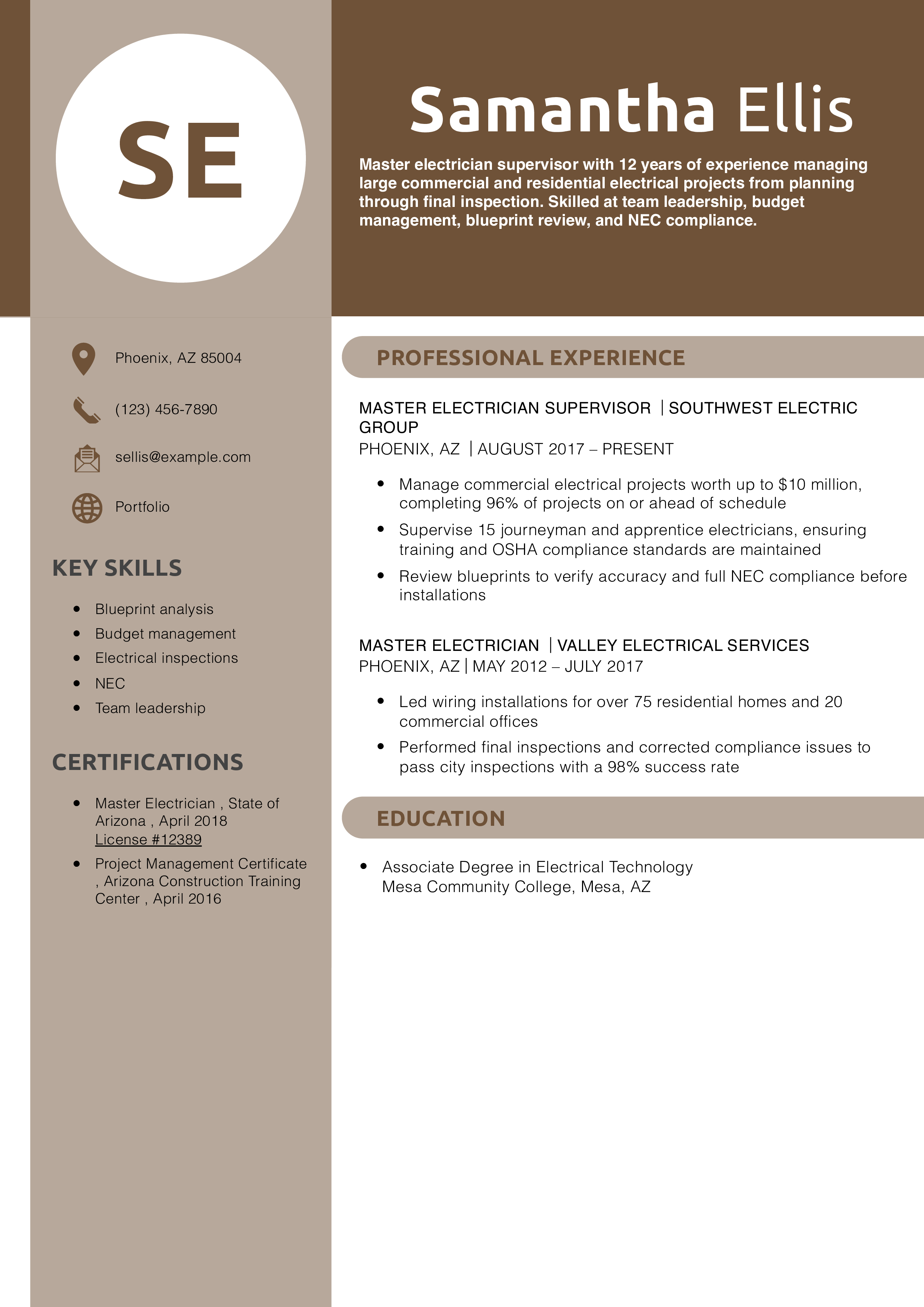 Master Electrician Supervisor Resume Example