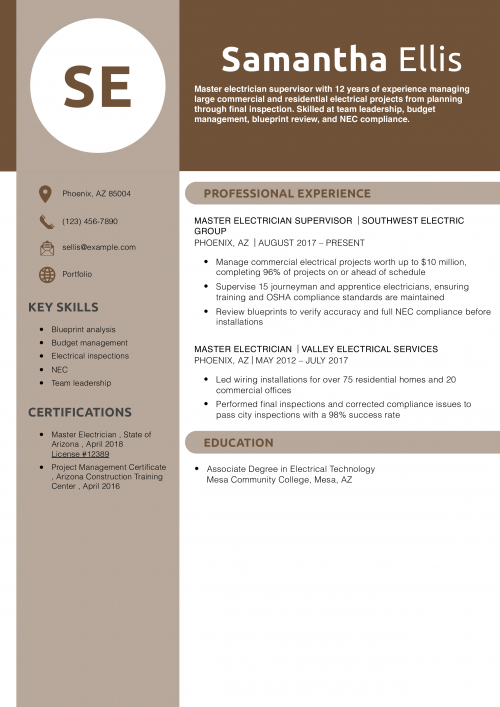 Master Electrician Supervisor Resume Example 
