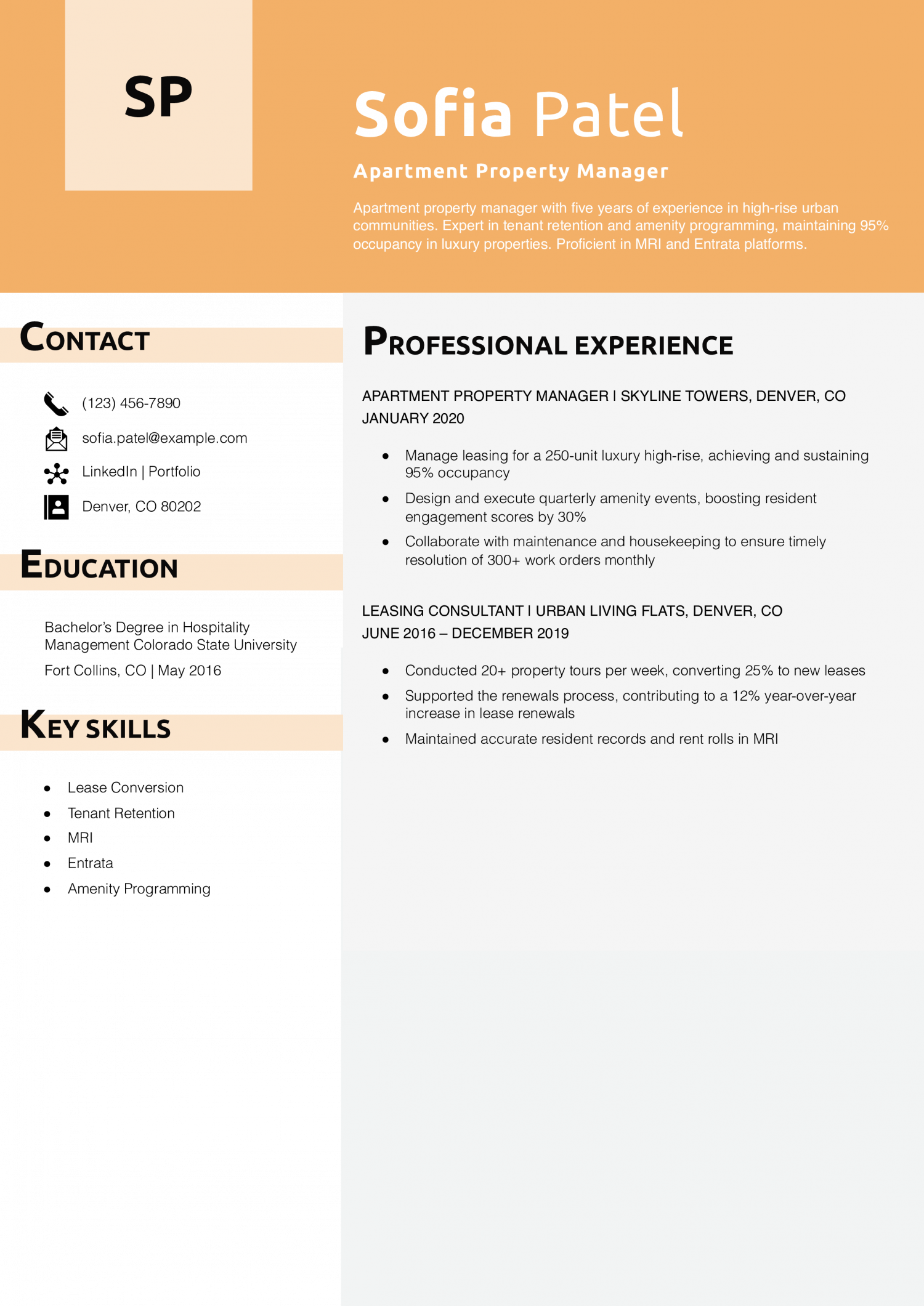 Apartment Property Manager Resume Example