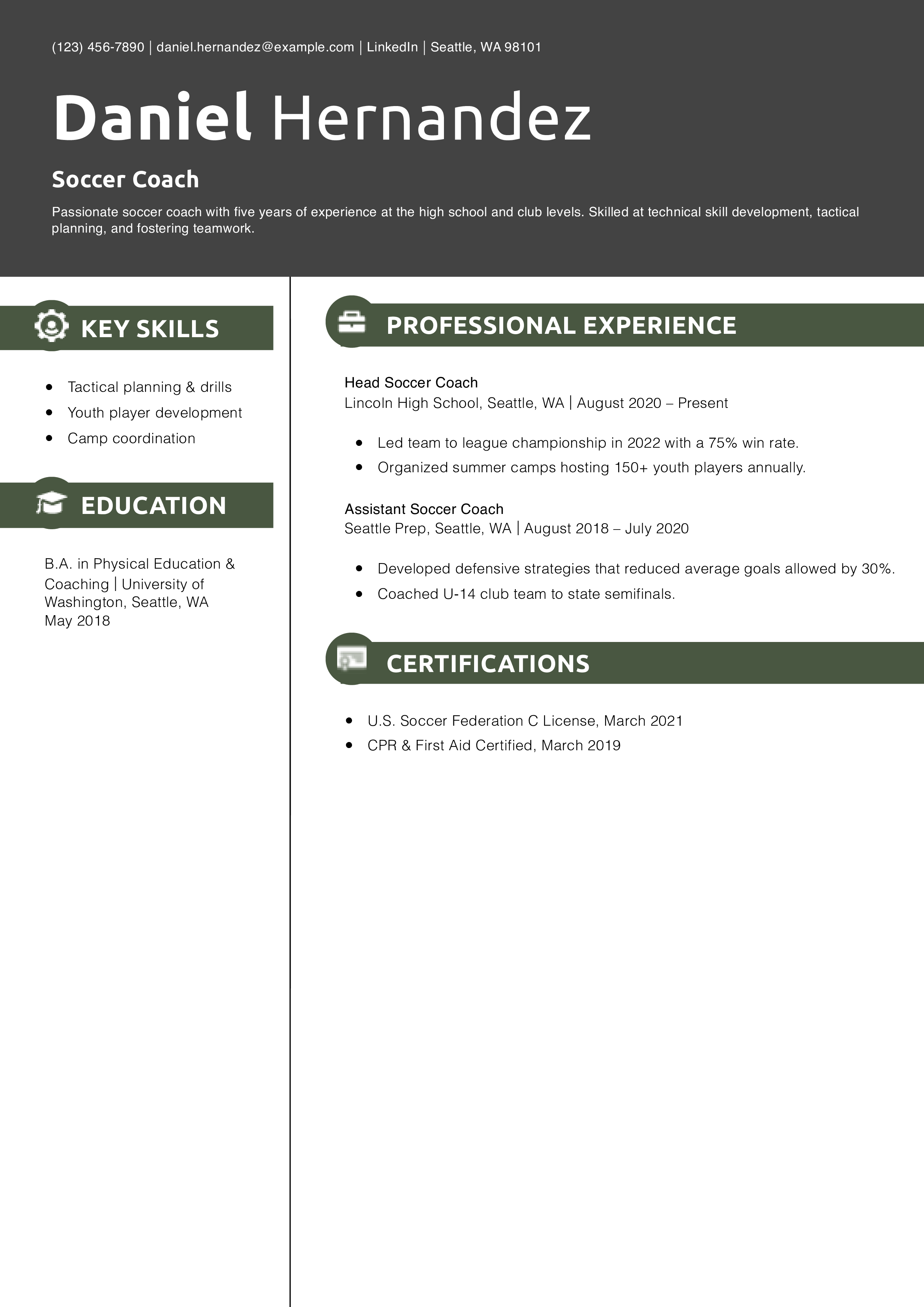 Soccer Coach Resume Example