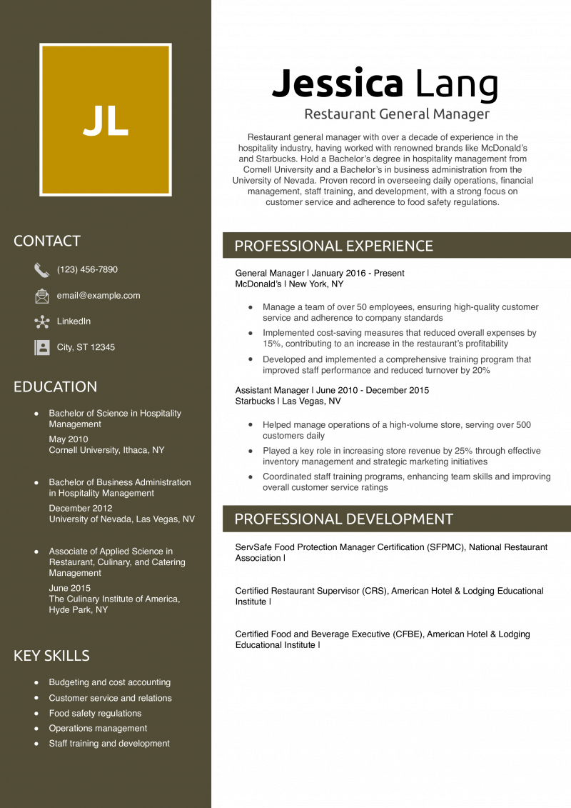 Restaurant General Manager Resume Example