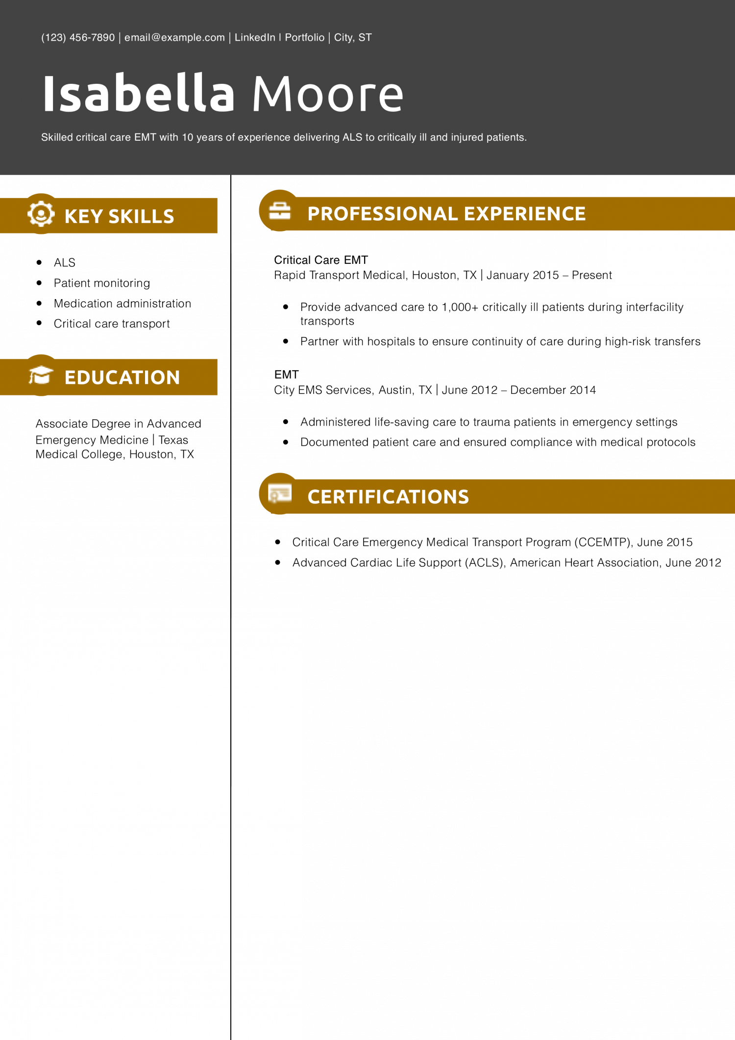 Critical Care EMT Resume Example