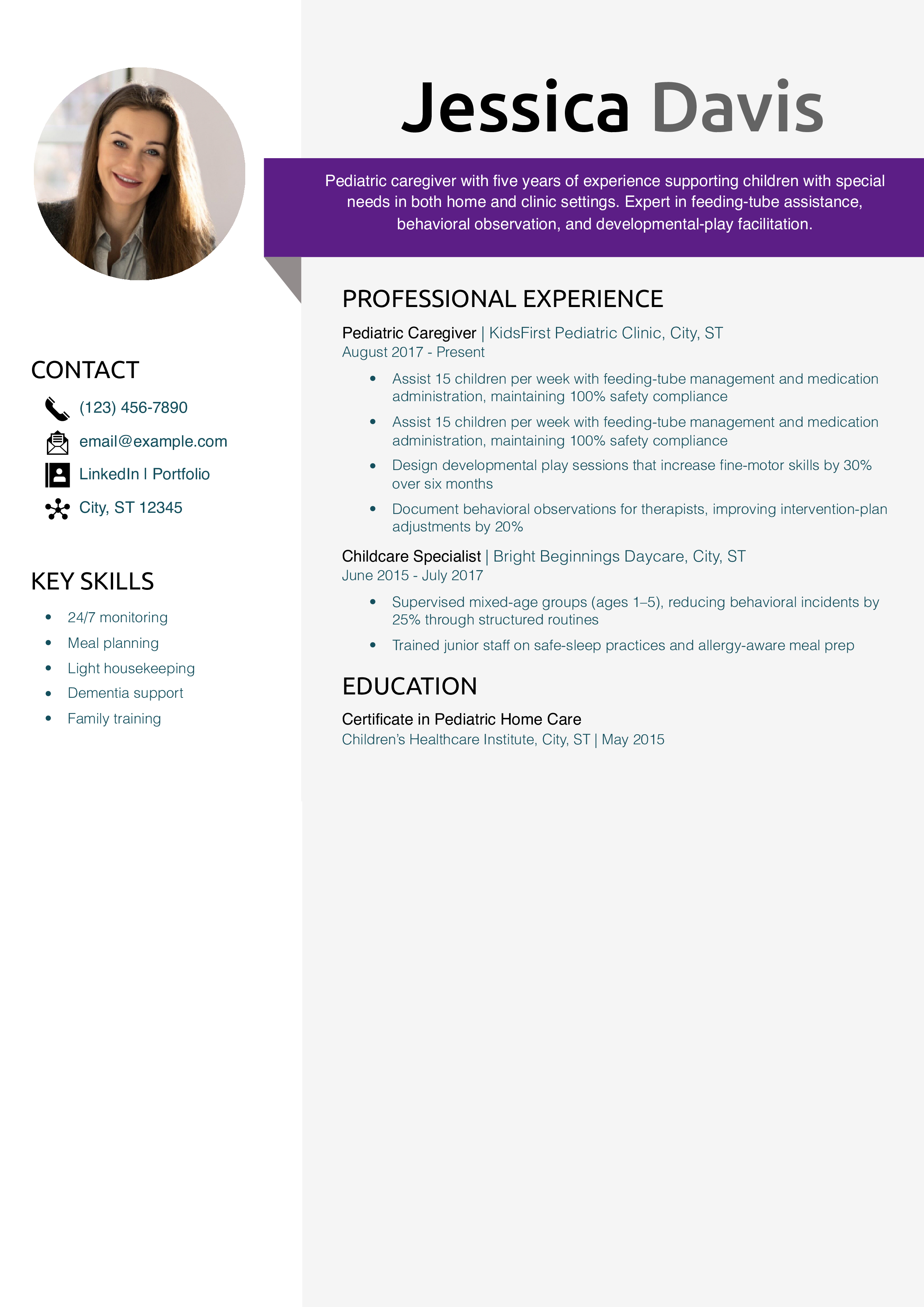 Pediatric Caregiver Resume Example