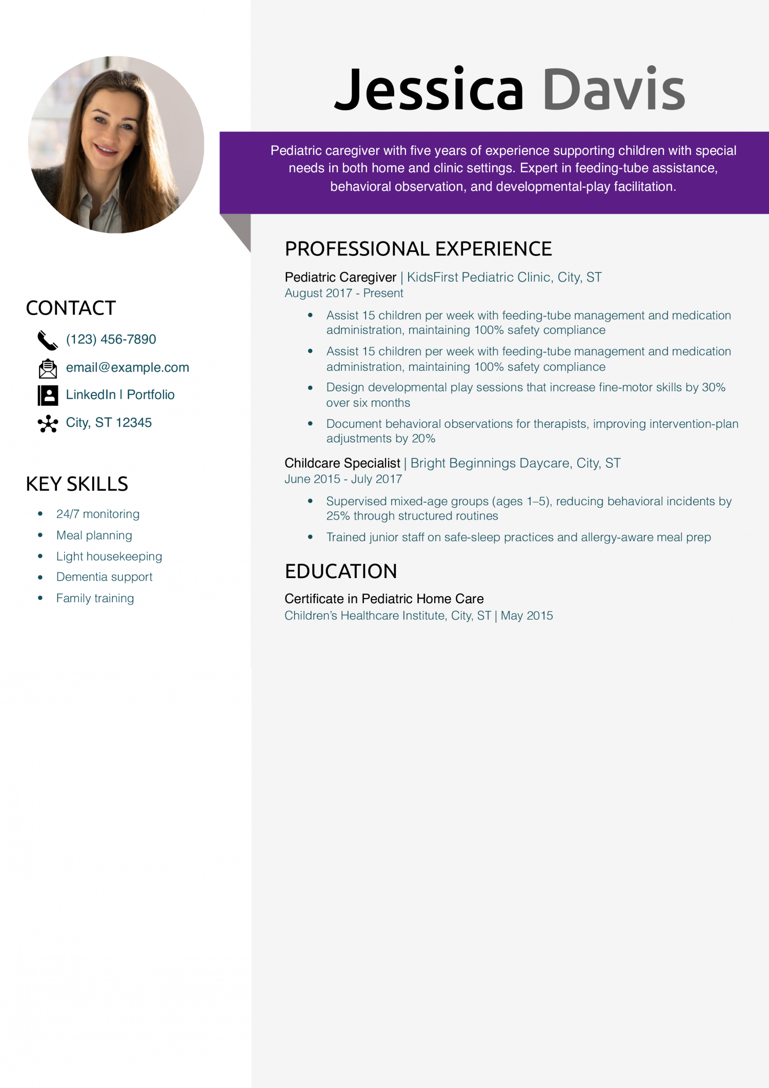 Pediatric Caregiver Resume Example