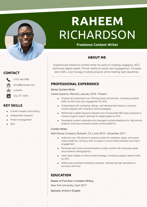 Freelance Content Writer Resume Example