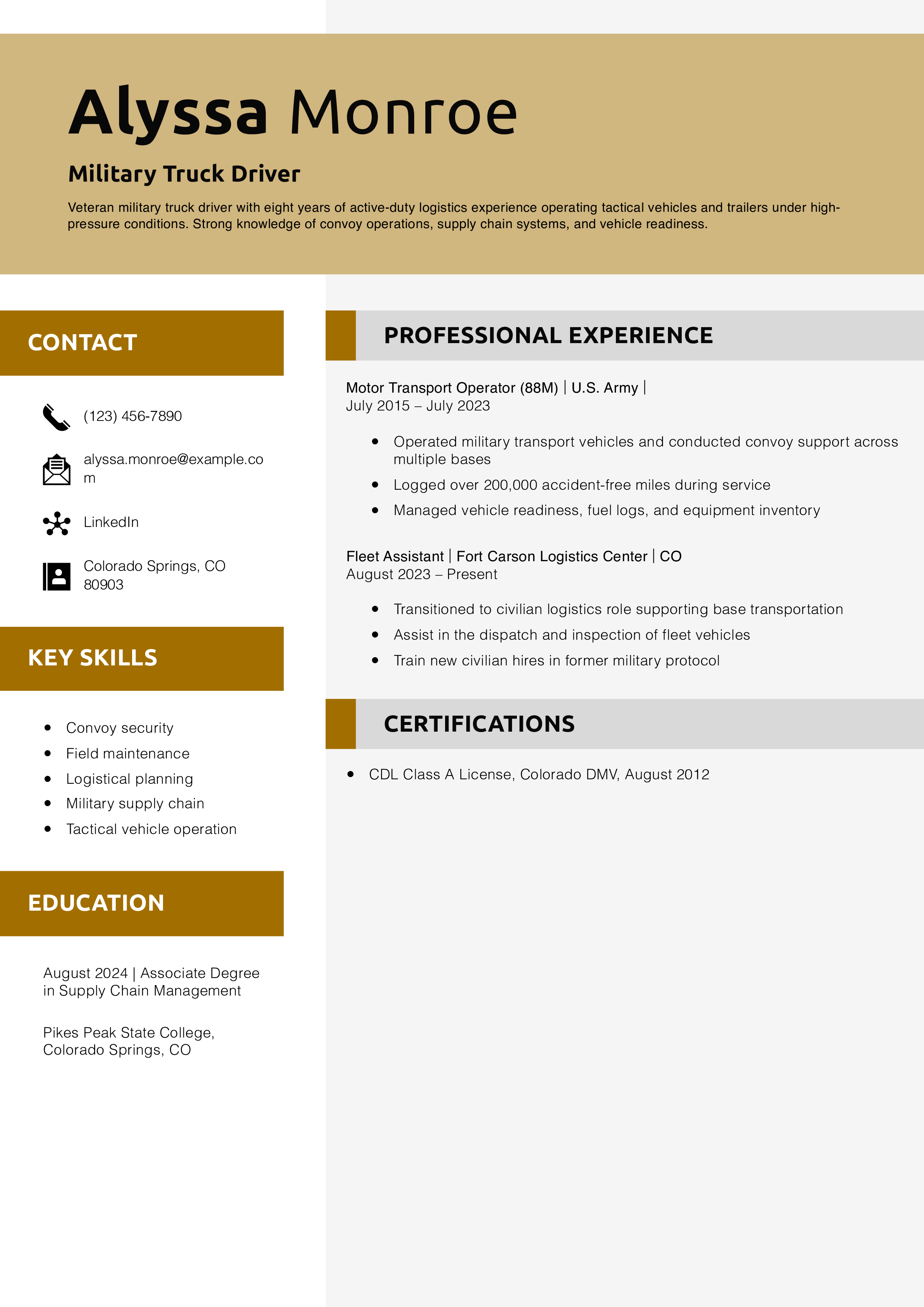 Military Truck Driver Resume