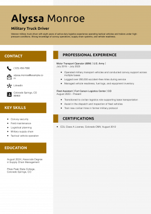 Military Truck Driver Resume